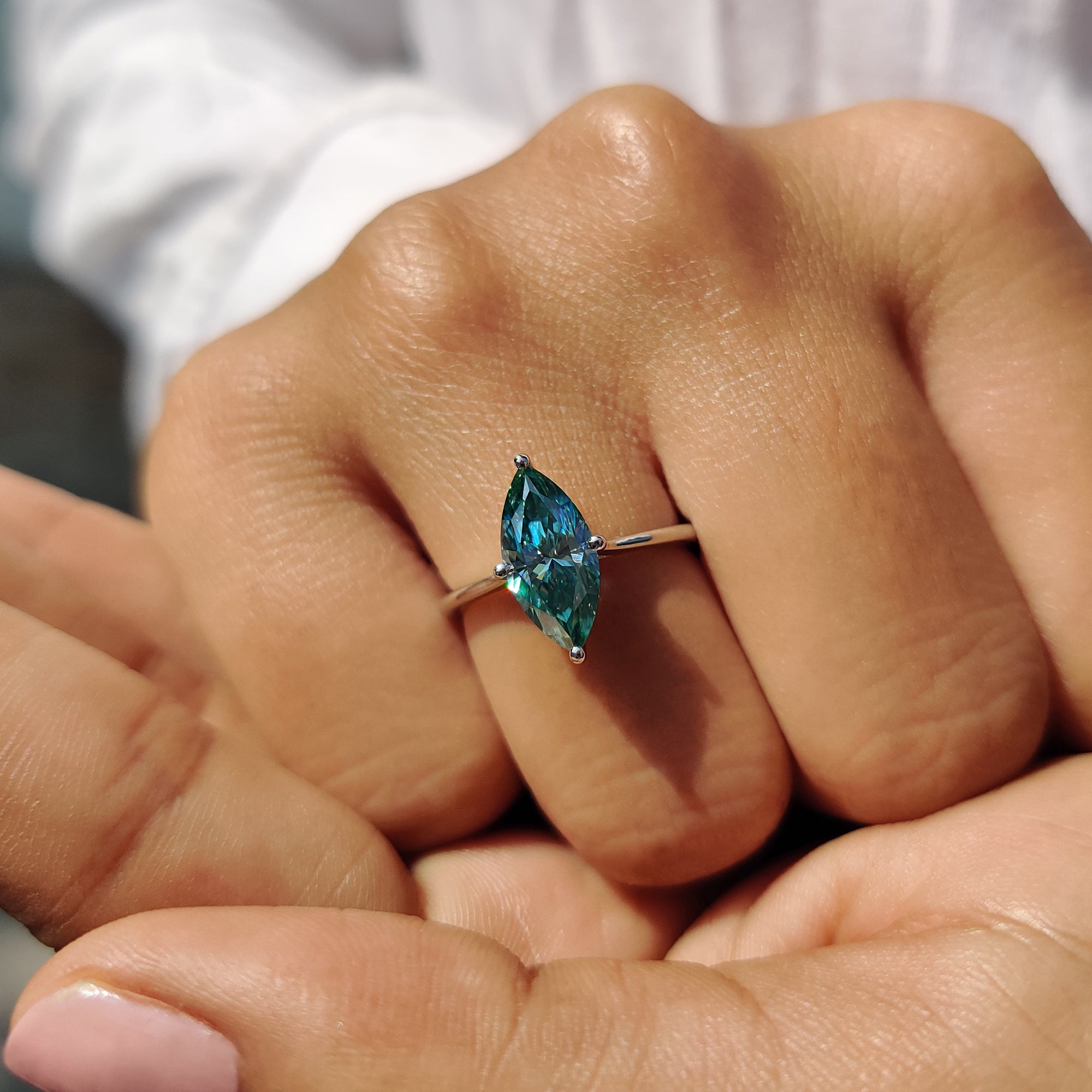 Cyan Blue Marquise Cut Engagement Ring