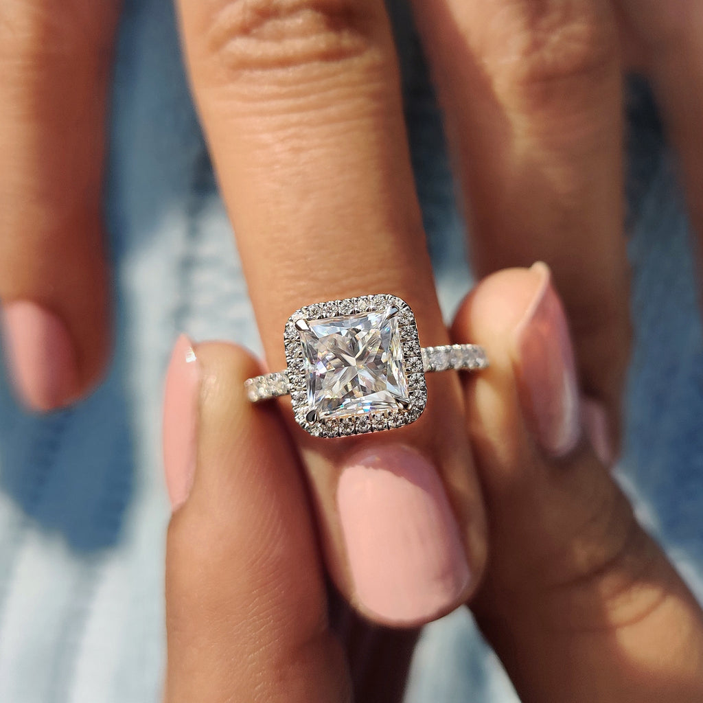 Princess Cut Moissanite Ring in classic pave setting