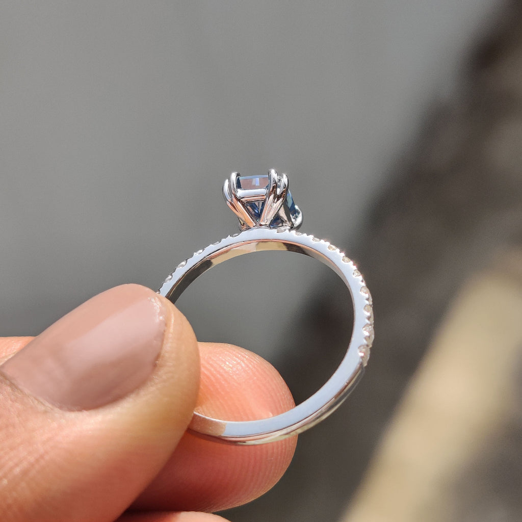 Radiant Cut Blue Moissanite Ring In Pave Setting