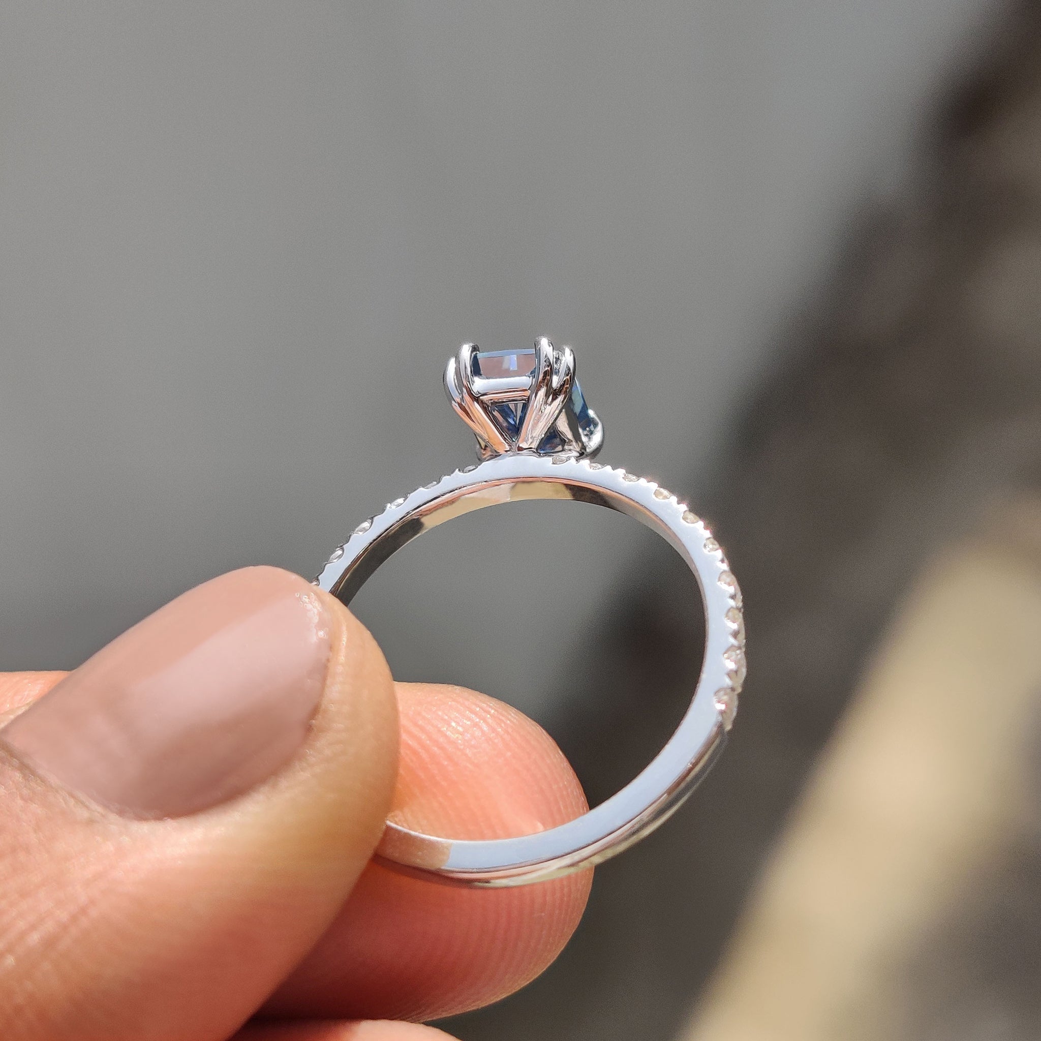 Radiant Cut Blue Moissanite Ring In Pave Setting