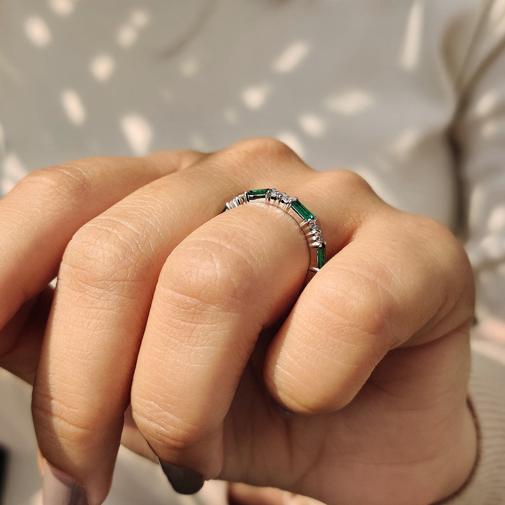 Emerald And Diamond Wedding Band In Half Eternity