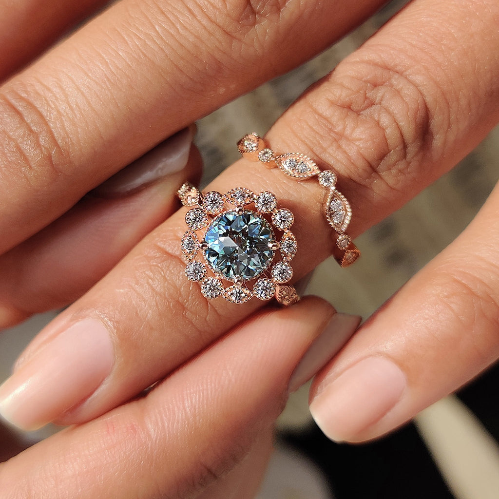 Vintage Bridal Set With Cyan Blue Moissanite Ring