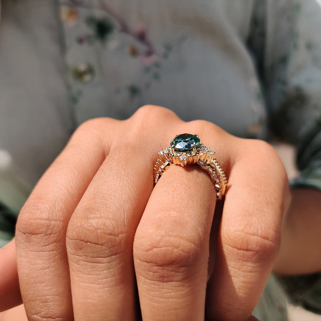 Oval Cut Yellow Gold Bridal Set With Marquise Open Gap Band