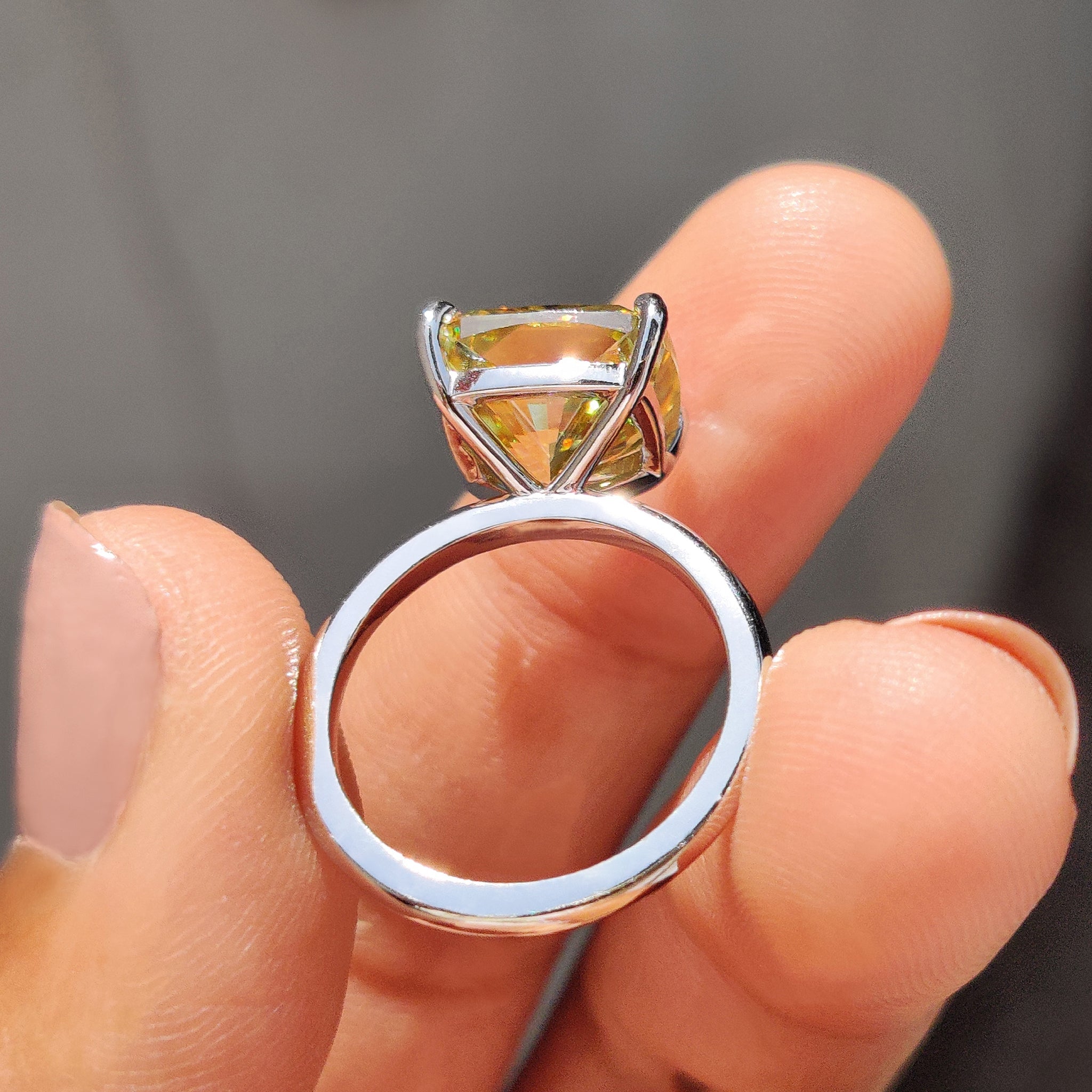Canary Yellow Cushion Cut Solitaire Ring In Round Prong Setting