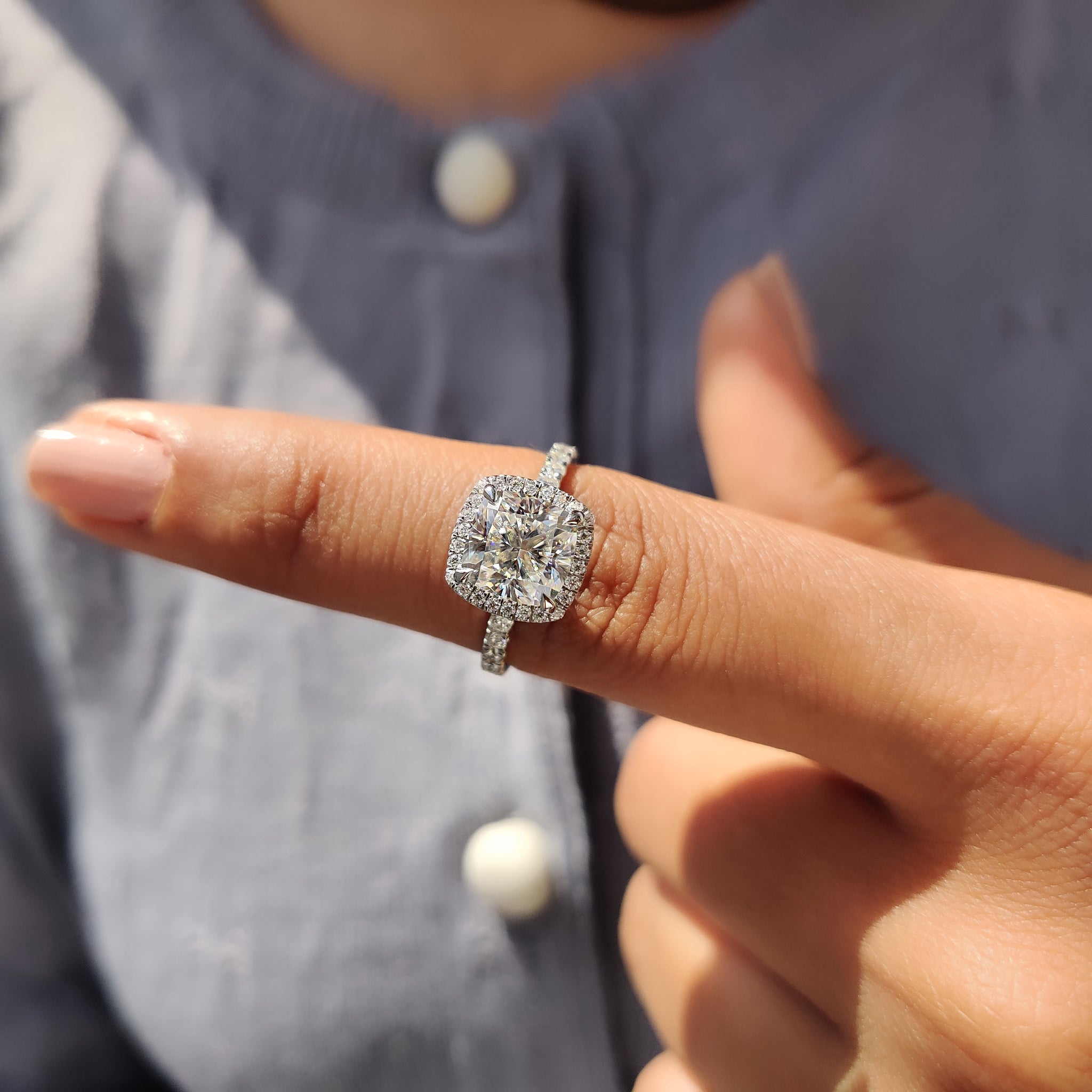 Cushion Cut Halo Engagement Ring in a Pave Band Style