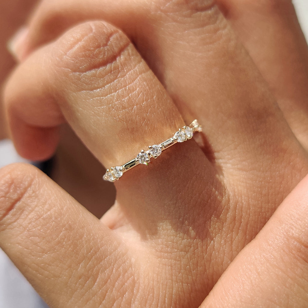 Round Cut Distance Pave Yellow Gold Diamond Band