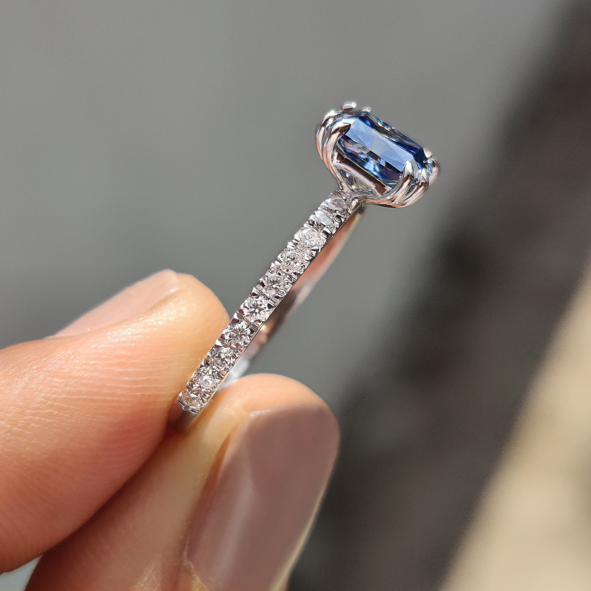 Radiant Cut Blue Moissanite Ring In Pave Setting