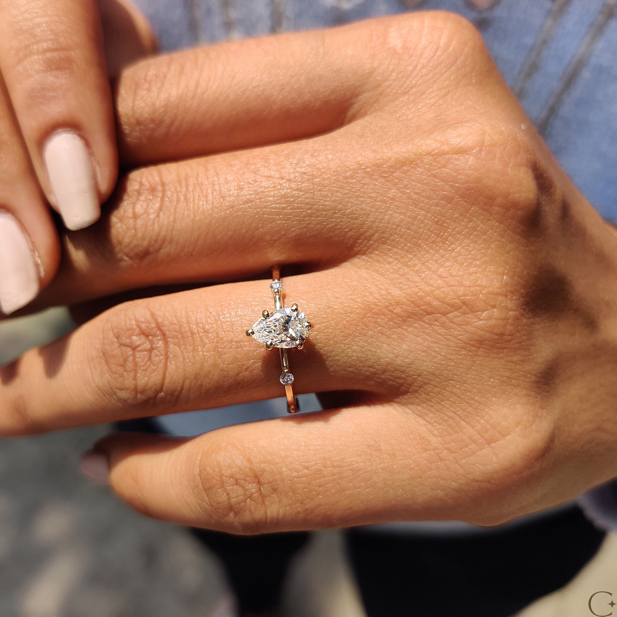 Pear Cut Diamond Ring With Distance Pave Setting