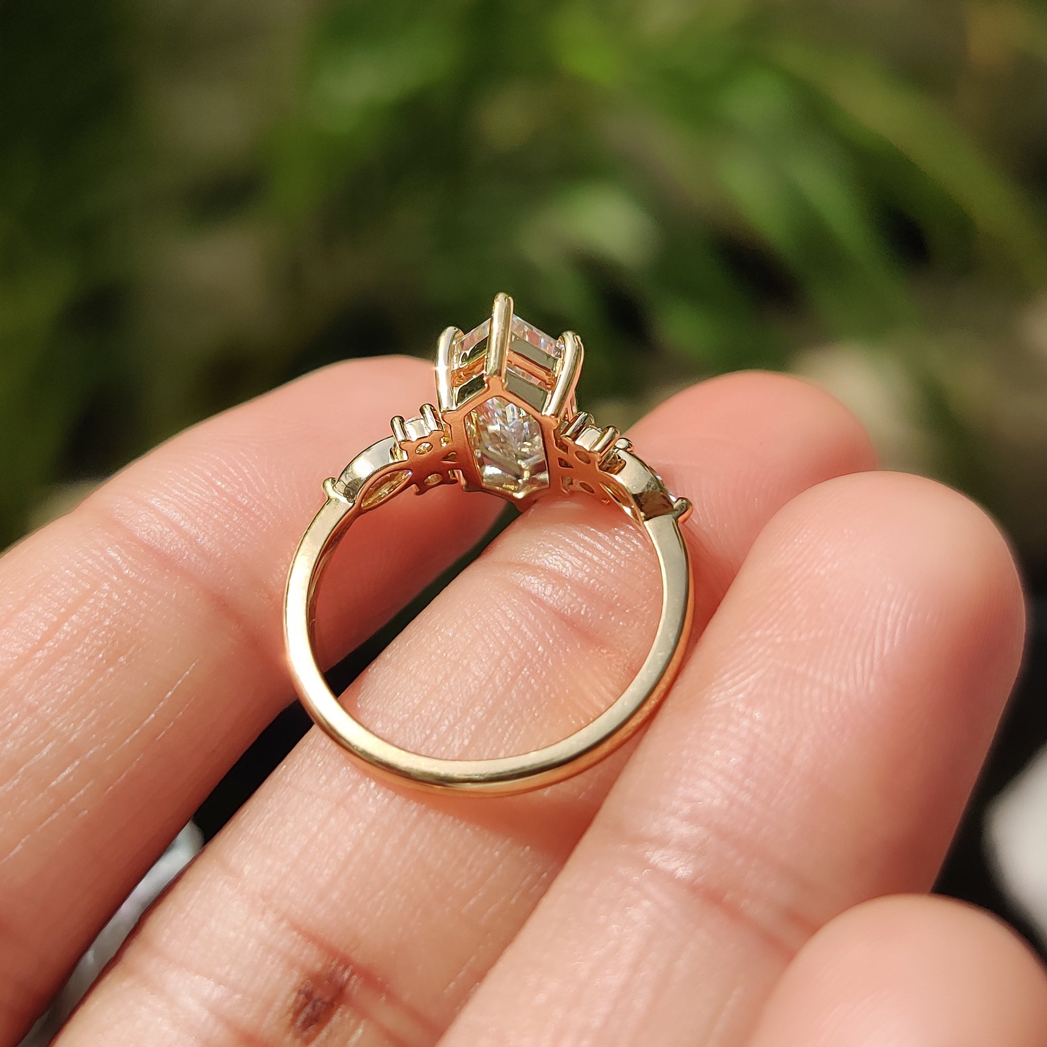 Elongated Hexagon Engagement Ring In Cluster Style