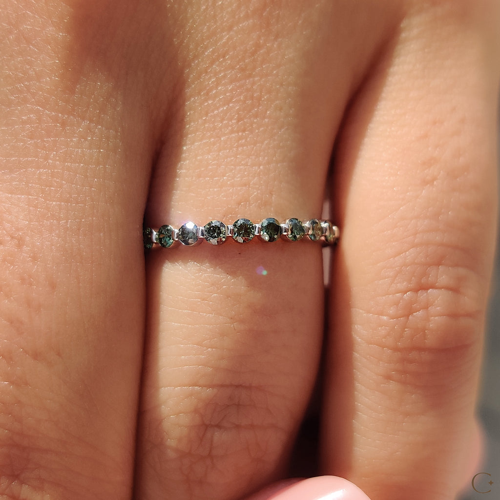 Dark Green Round Cut Full Diamond Eternity Band