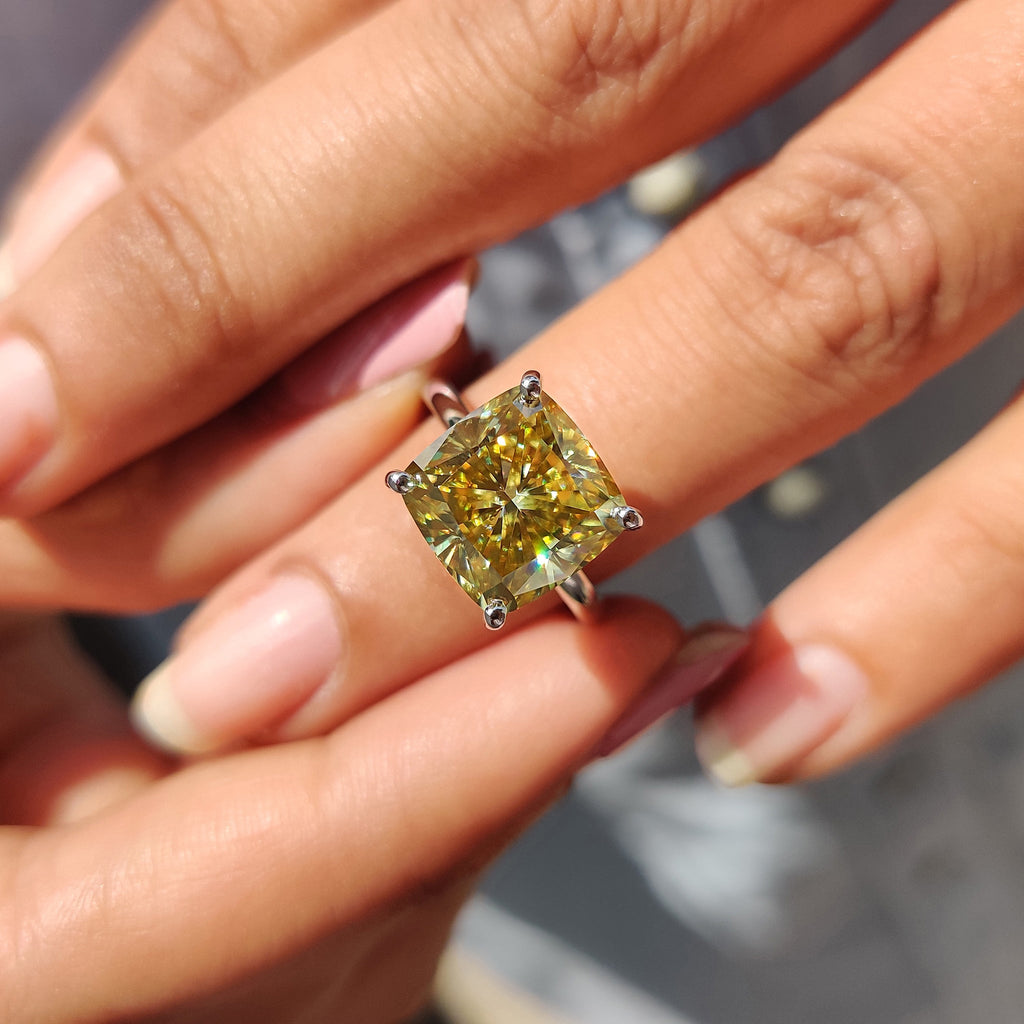 Canary Yellow Cushion Cut Solitaire Ring In Round Prong Setting