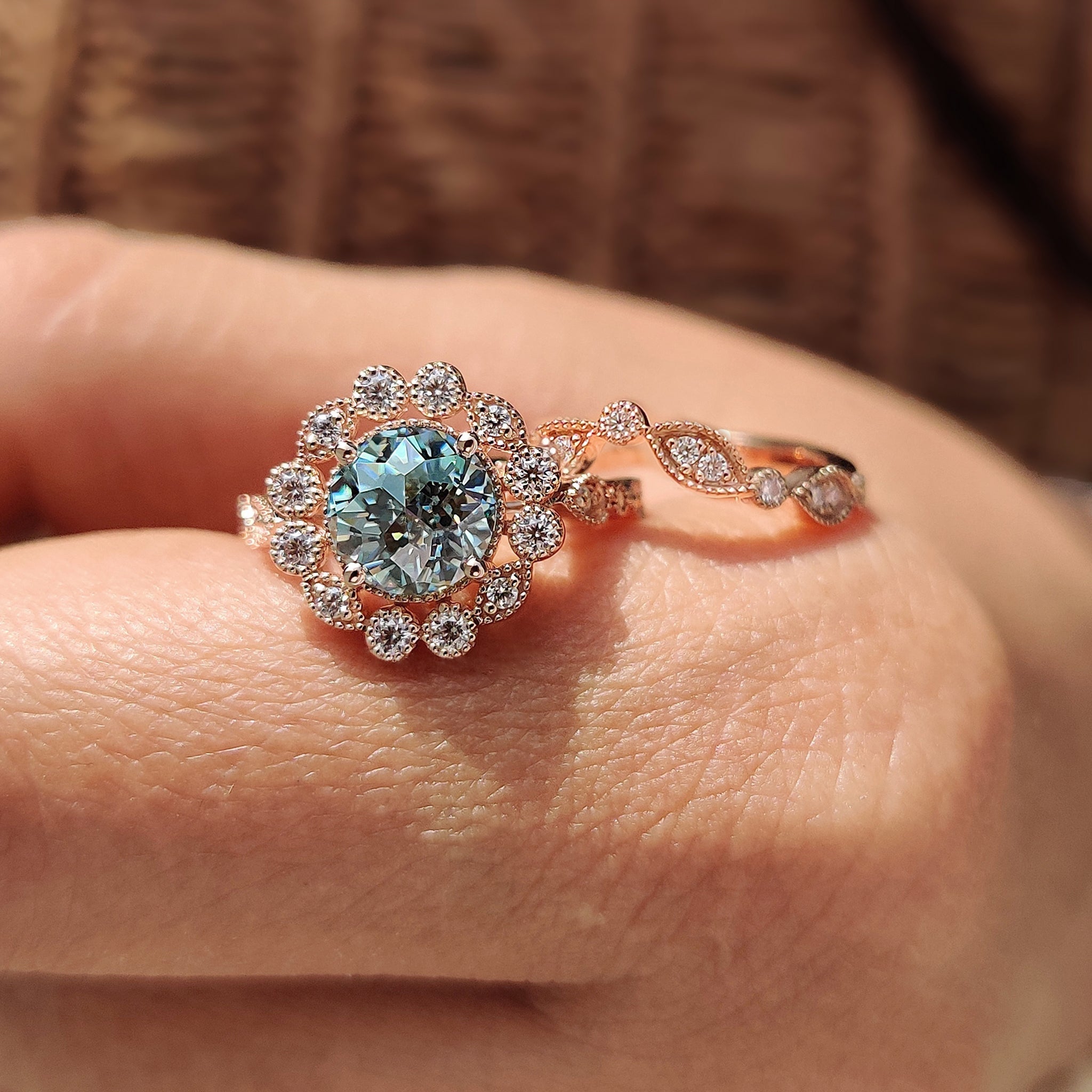 Vintage Bridal Set With Cyan Blue Moissanite Ring