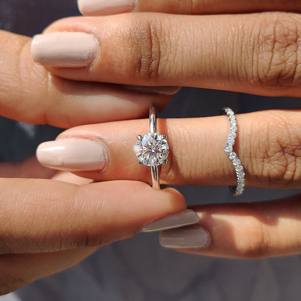 Round Cut Moissanite White Gold Bridal Set With V Shaped Band