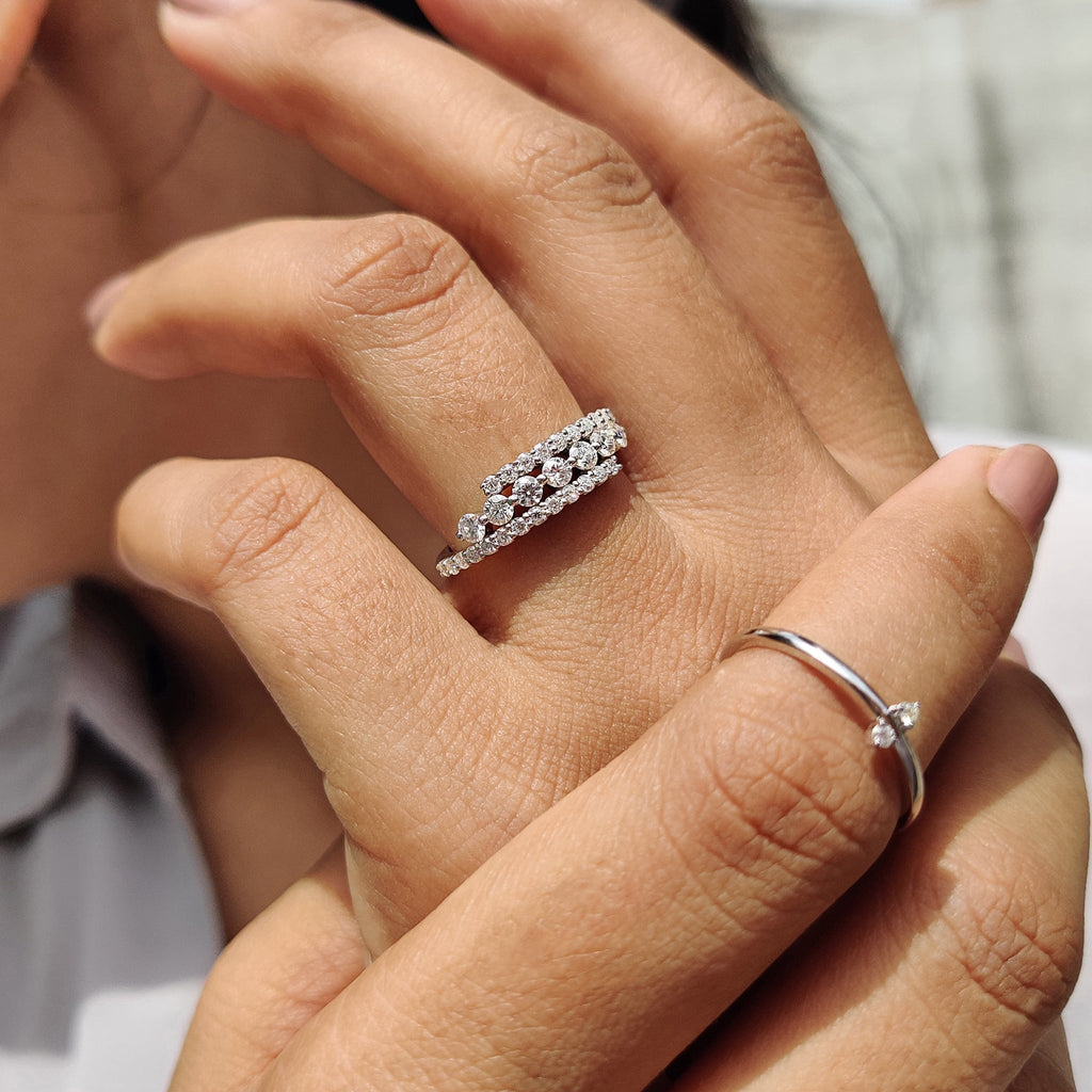 Round Cut Three Row Pave Wedding Band