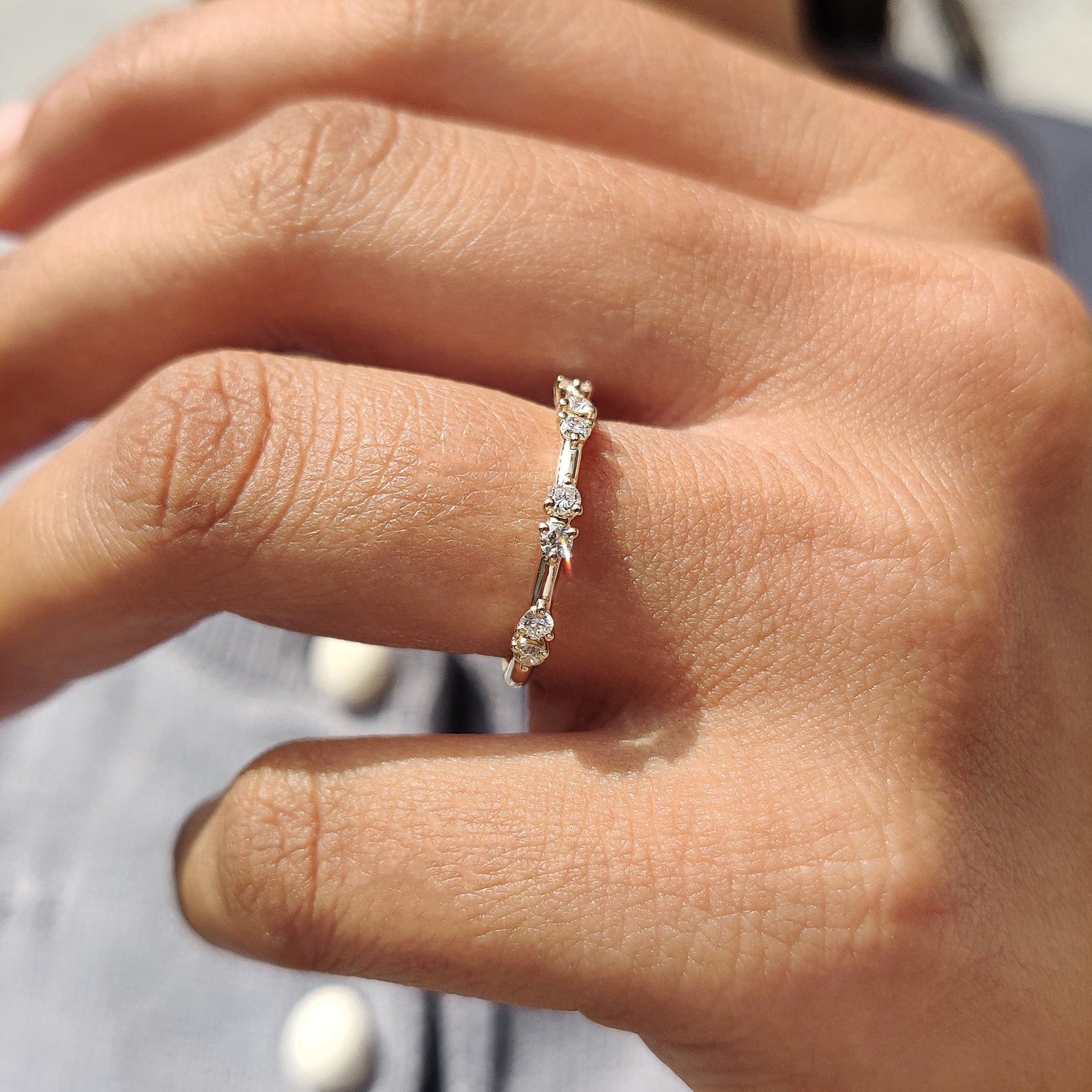 Round Cut Distance Pave Yellow Gold Diamond Band