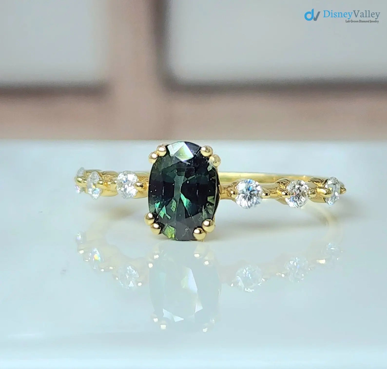 1 Carat Teal Sapphire oval cut cluster Engagement ring - DisneyValley Main image