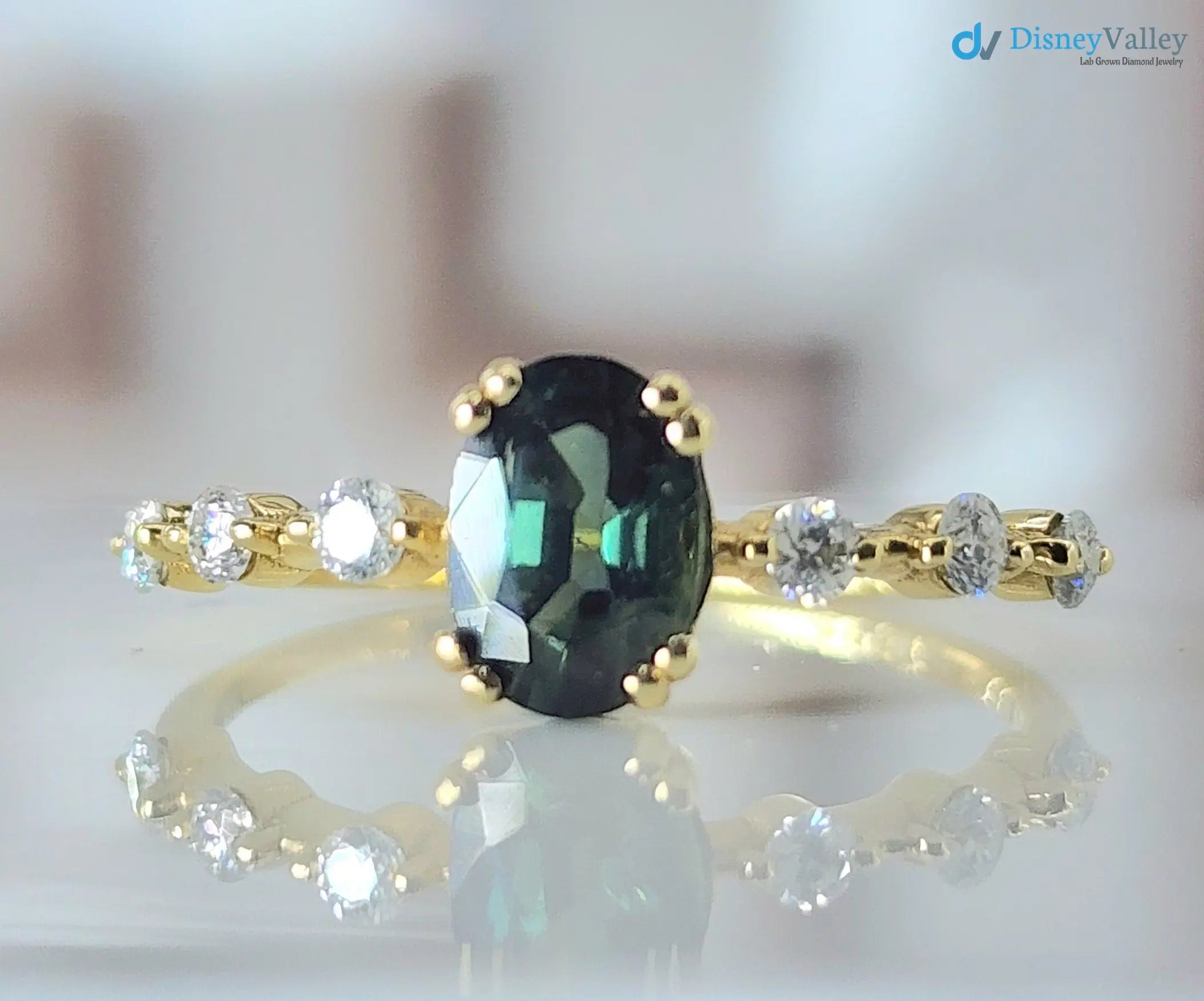 1 Carat Teal Sapphire oval cut cluster Engagement ring - DisneyValley