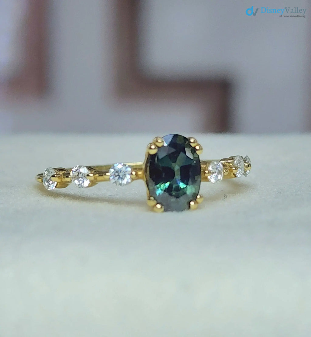 1 Carat Teal Sapphire oval cut cluster Engagement ring - DisneyValley