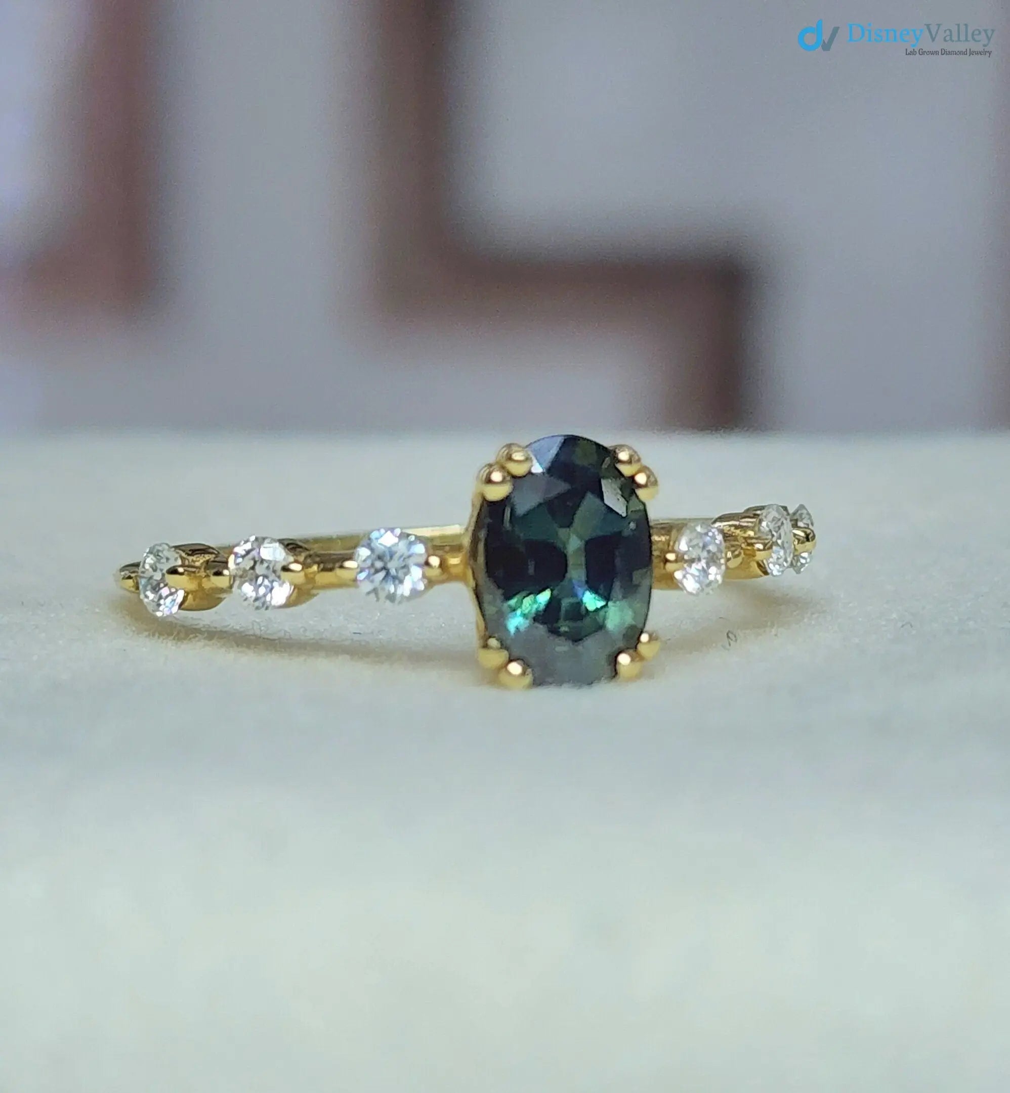 1 Carat Teal Sapphire oval cut cluster Engagement ring - DisneyValley