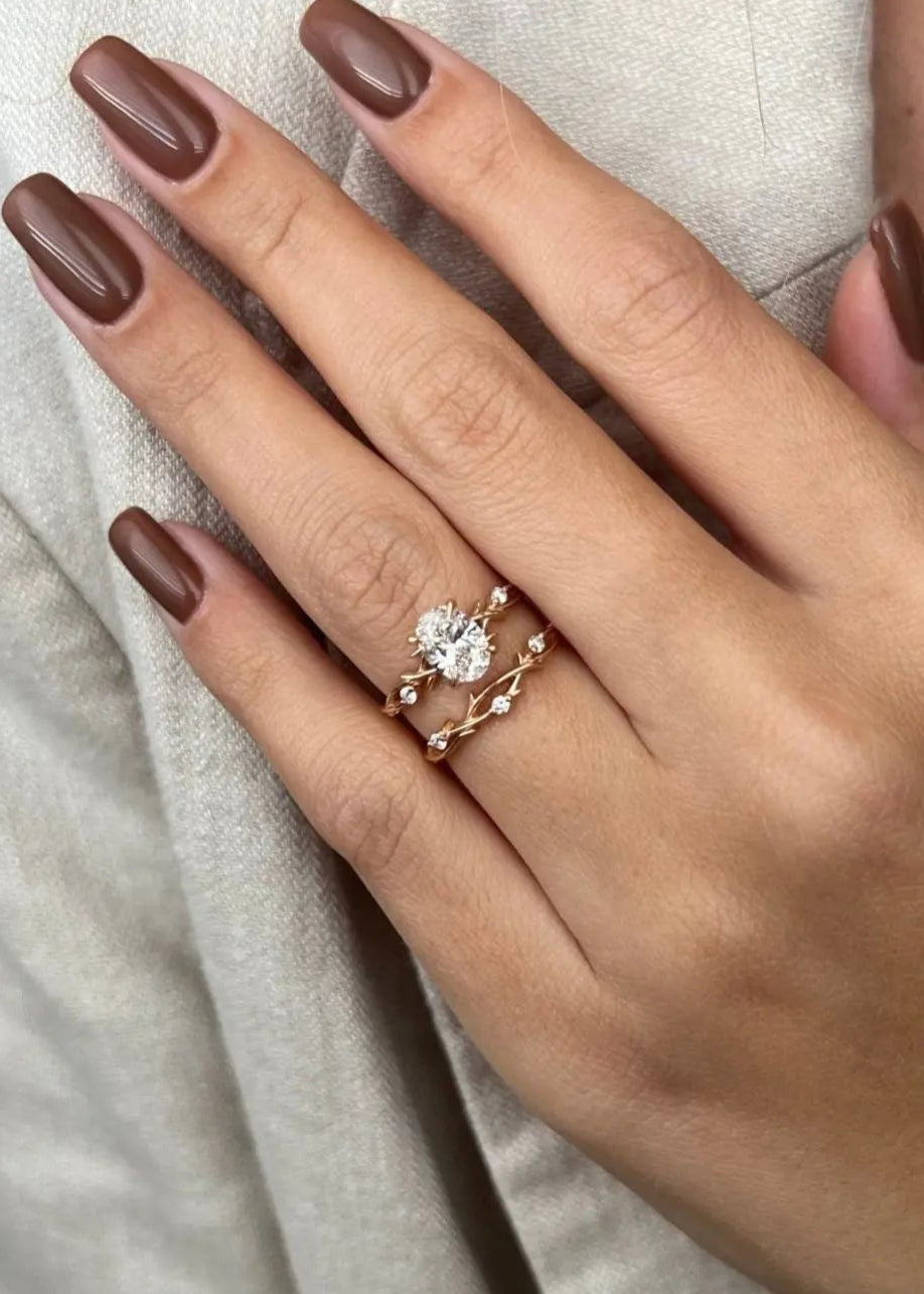 1 carat Oval LAB diamond engagement ring set, Dainty Twig Engagement Ring - DisneyValley Main image