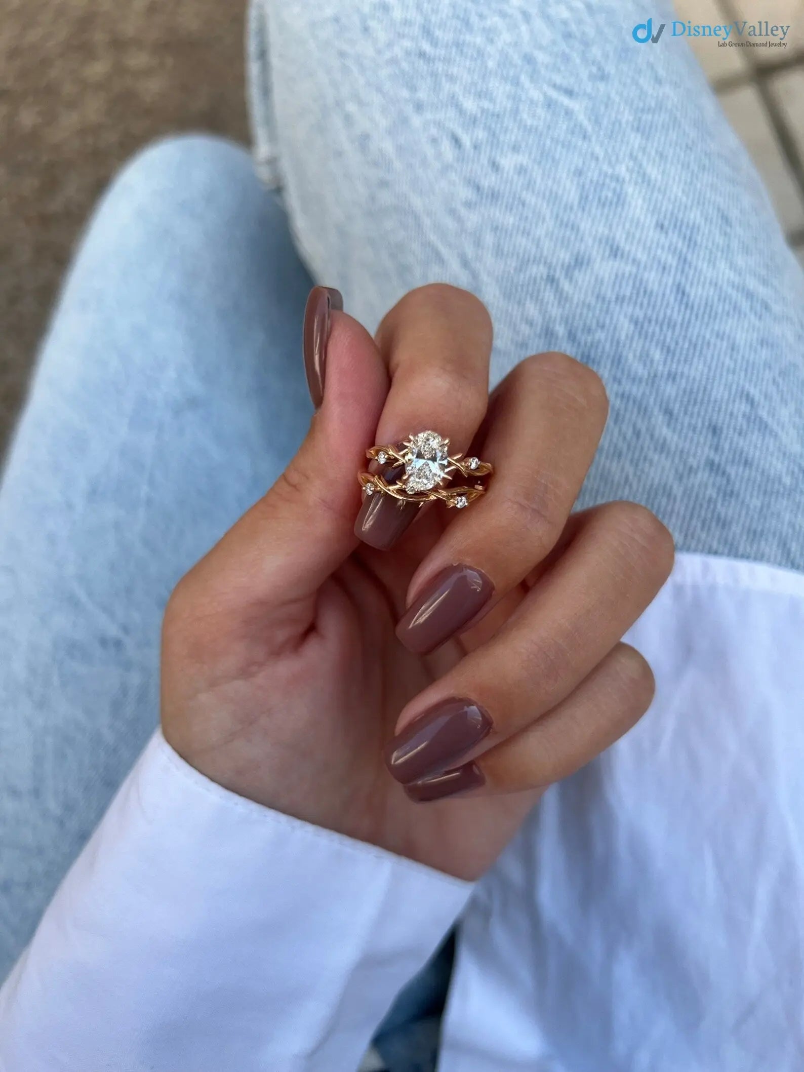 1 carat Oval LAB diamond engagement ring set, Dainty Twig Engagement Ring - DisneyValley