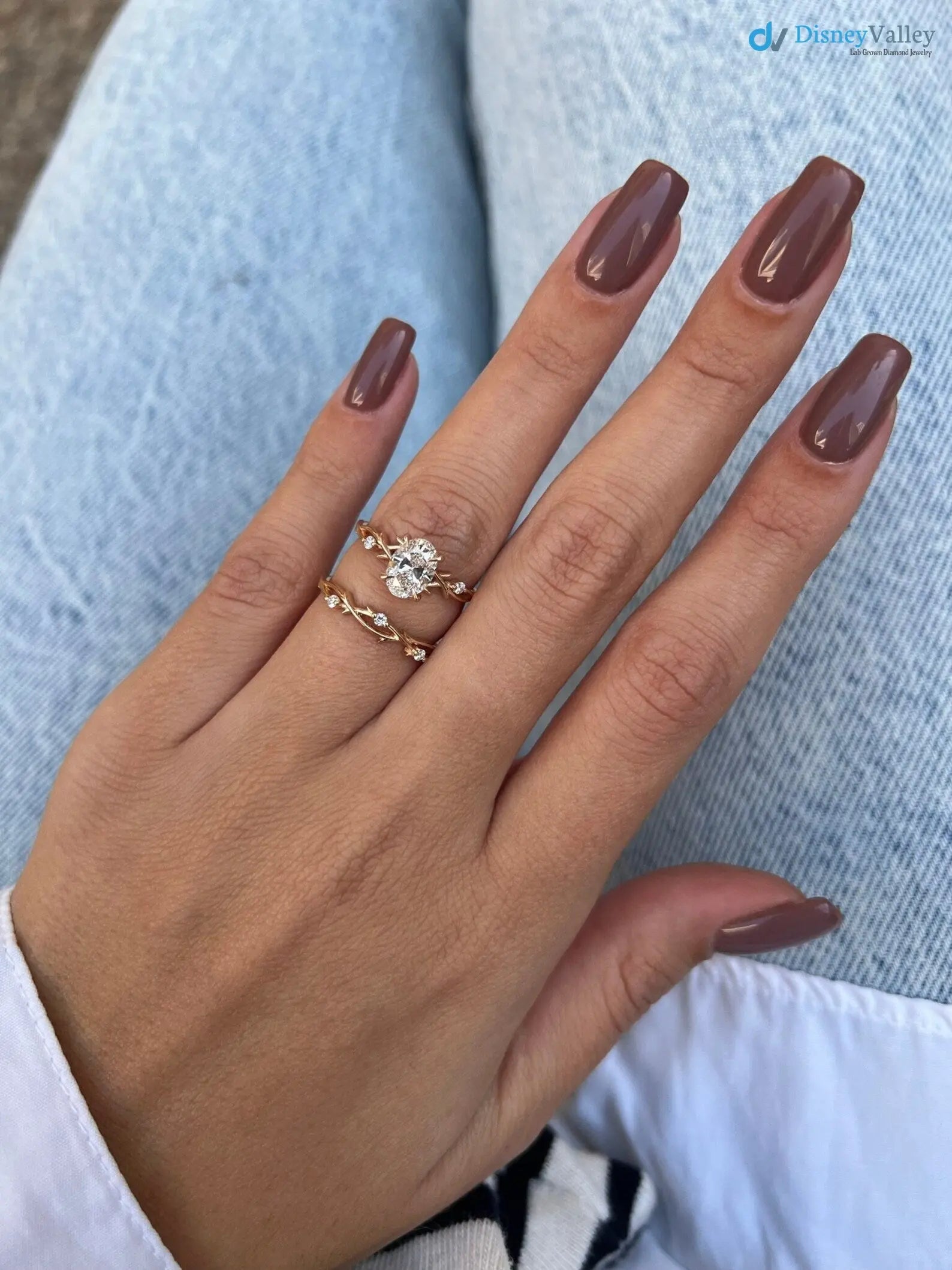 1 carat Oval LAB diamond engagement ring set, Dainty Twig Engagement Ring - DisneyValley