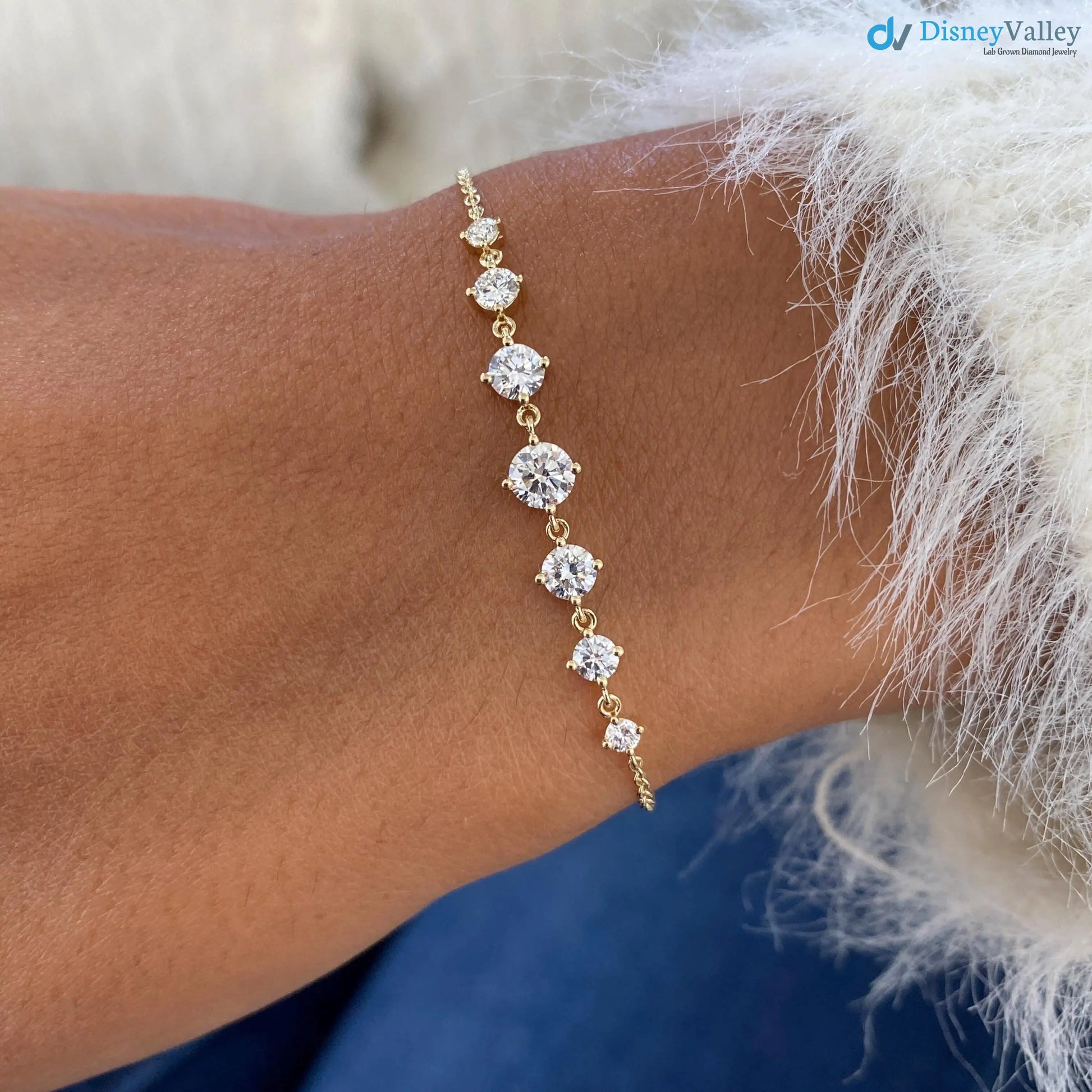 1.0 Ct Round Cut Diamond Stations Solid Yellow Gold Bracelet - DisneyValley