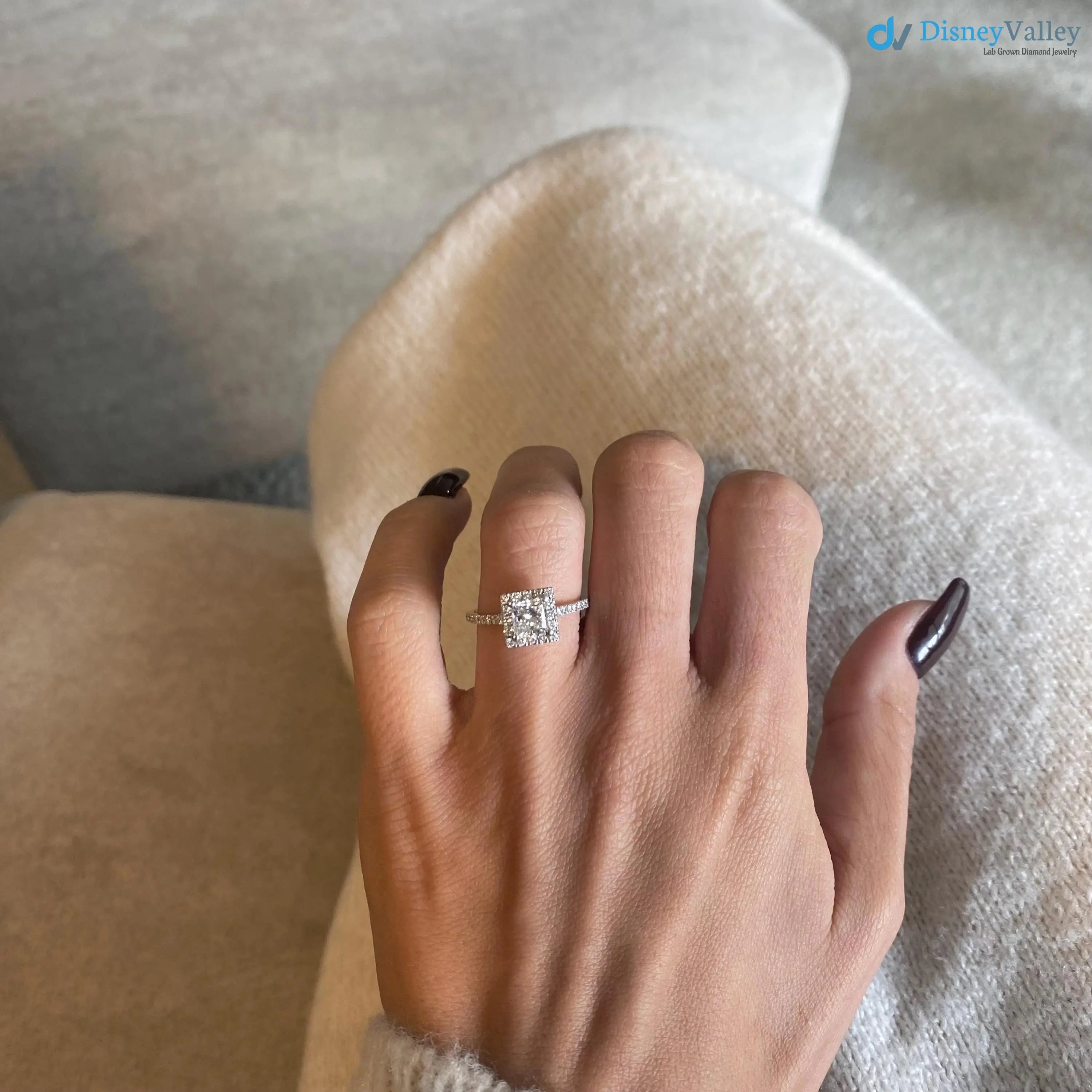 1.5 ct IGI Certified Princess Cut Lab Grown Diamond Halo Engagement Ring - DisneyValley