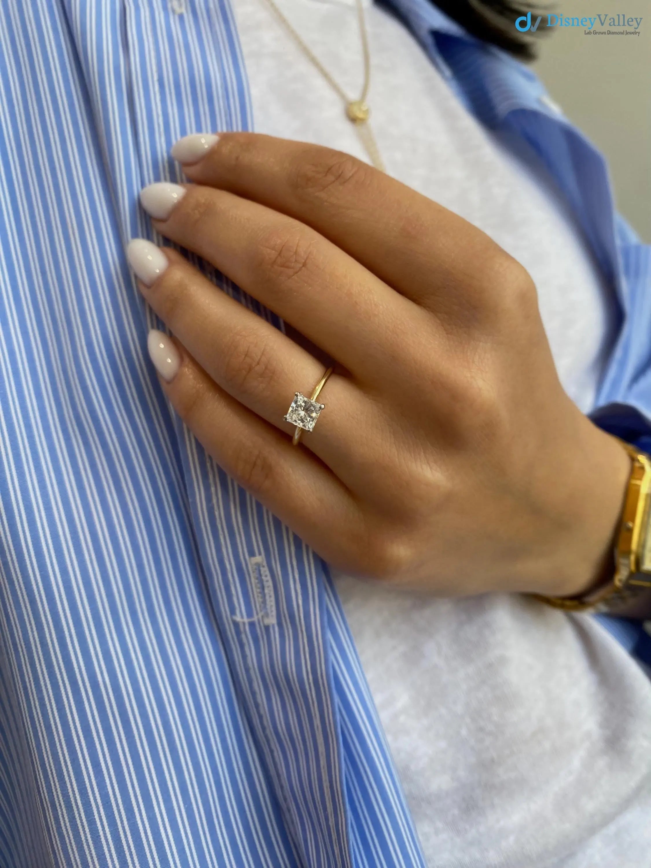 1.50 Carats Lab Grown Princess Cut Solitaire Two-Tone Diamond Engagement Ring - DisneyValley