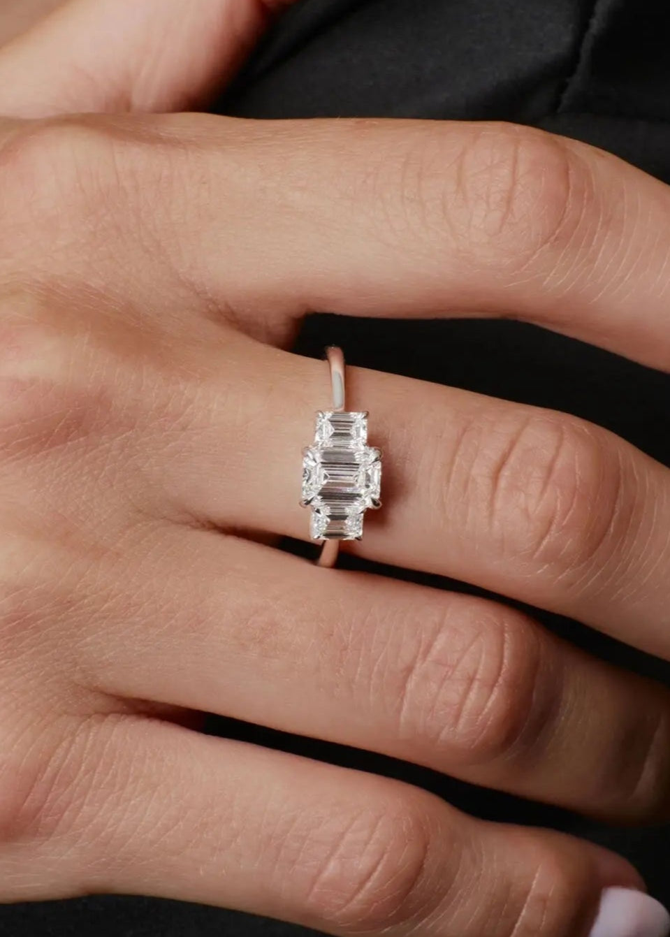 1.50 ctw Gold Emerald Cut Lab-Grown Diamond Three Stone Engagement Ring - DisneyValley Main image