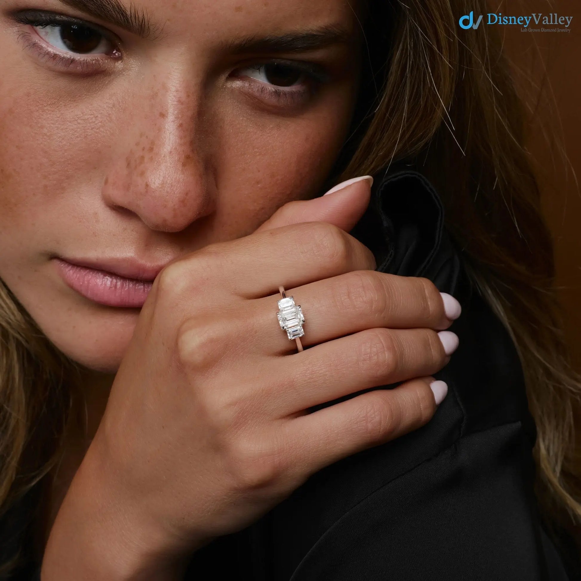 1.50 ctw Gold Emerald Cut Lab-Grown Diamond Three Stone Engagement Ring - DisneyValley