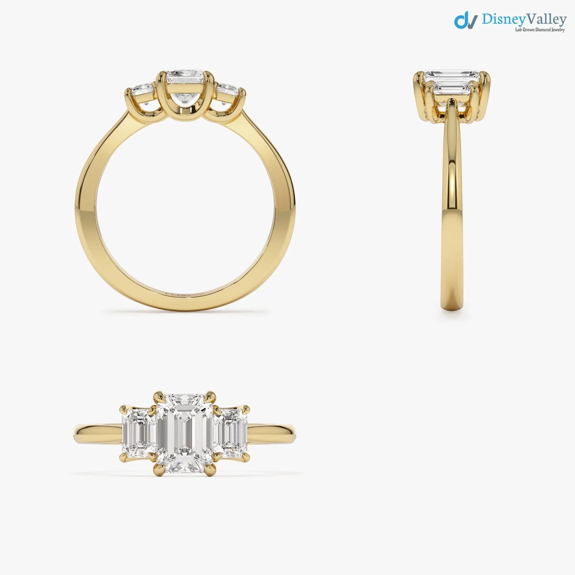 1.50 ctw Gold Emerald Cut Lab-Grown Diamond Three Stone Engagement Ring - DisneyValley