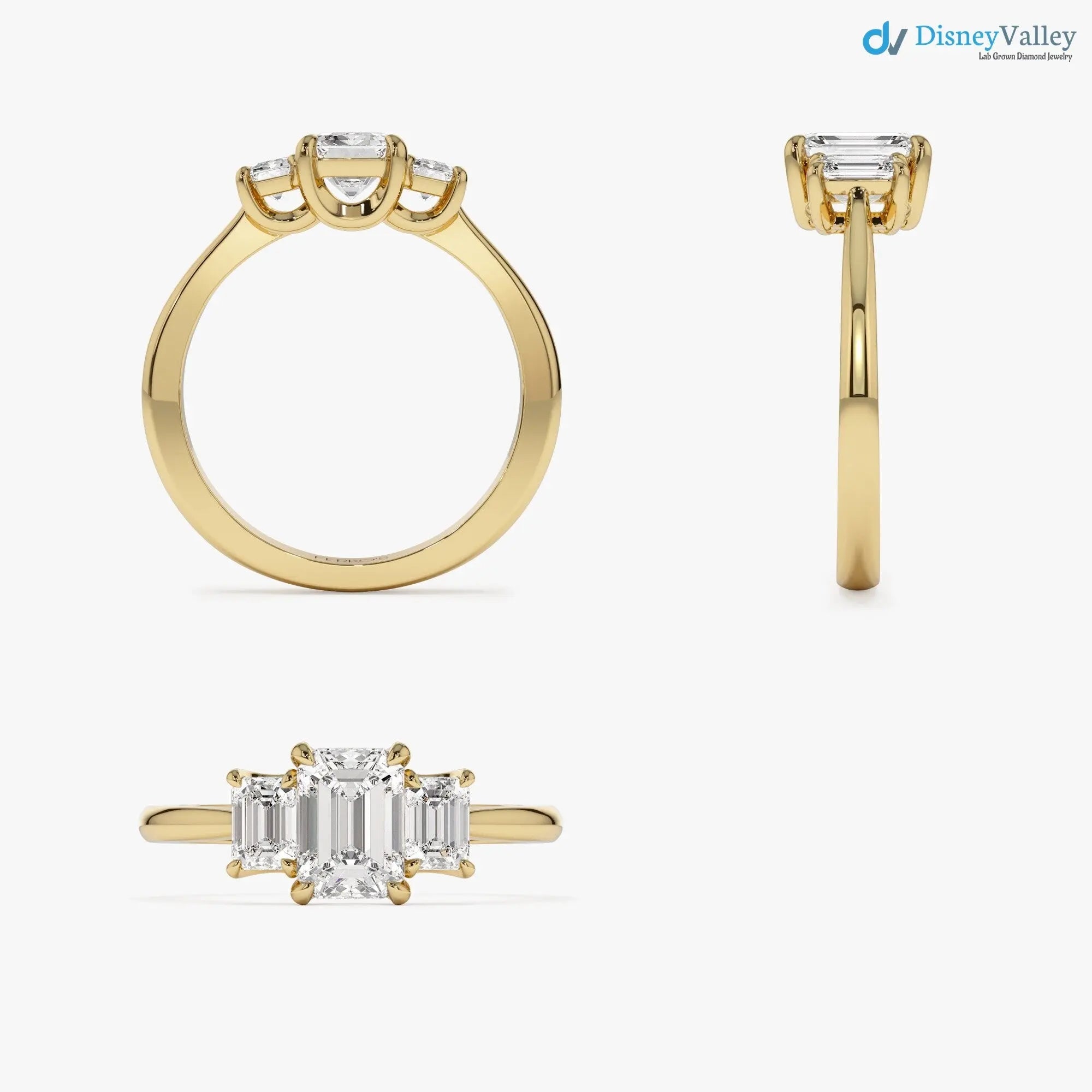 1.50 ctw Gold Emerald Cut Lab-Grown Diamond Three Stone Engagement Ring - DisneyValley