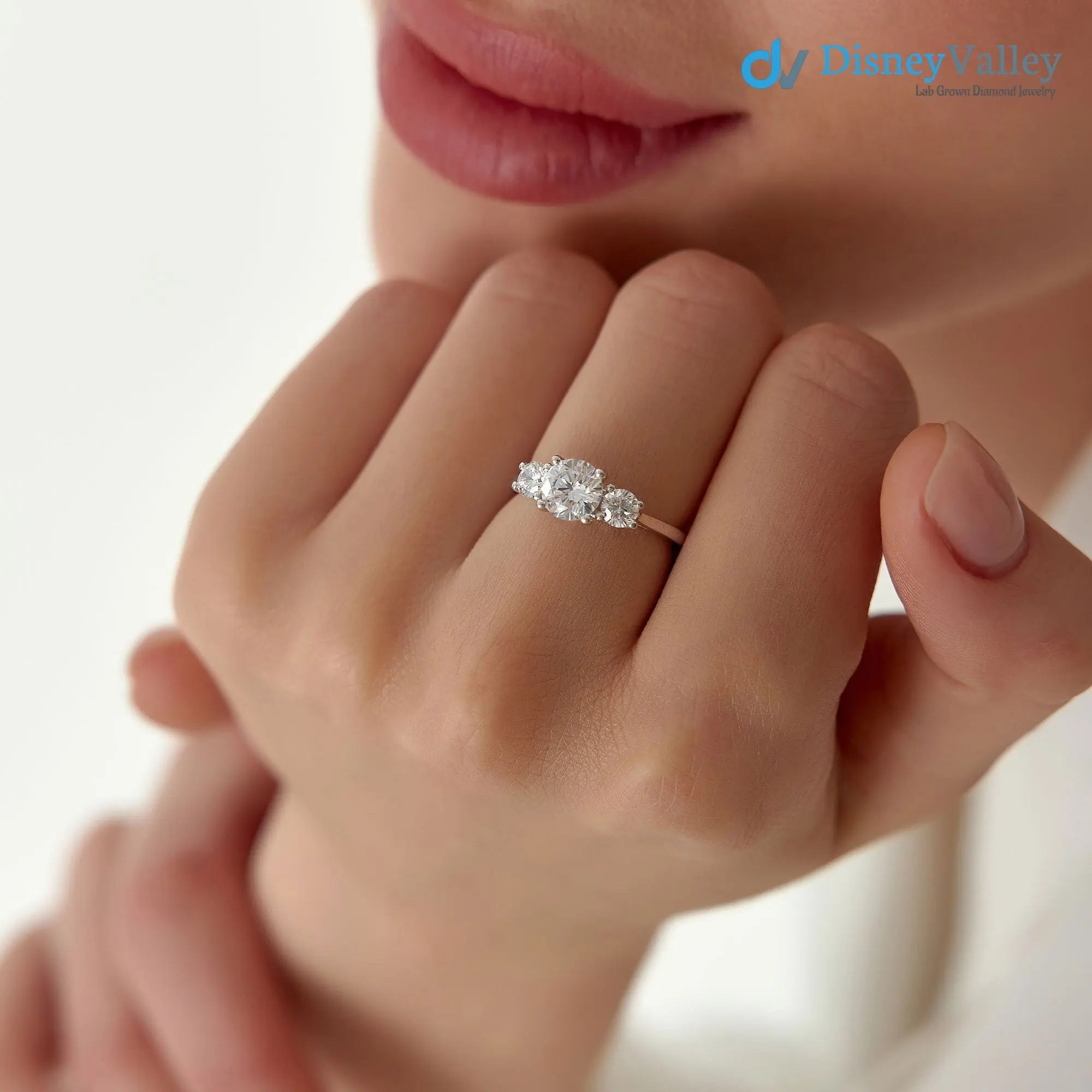 1.50 ctw Gold Round Lab Grown Diamond Three Stone Engagement Ring - DisneyValley Main image