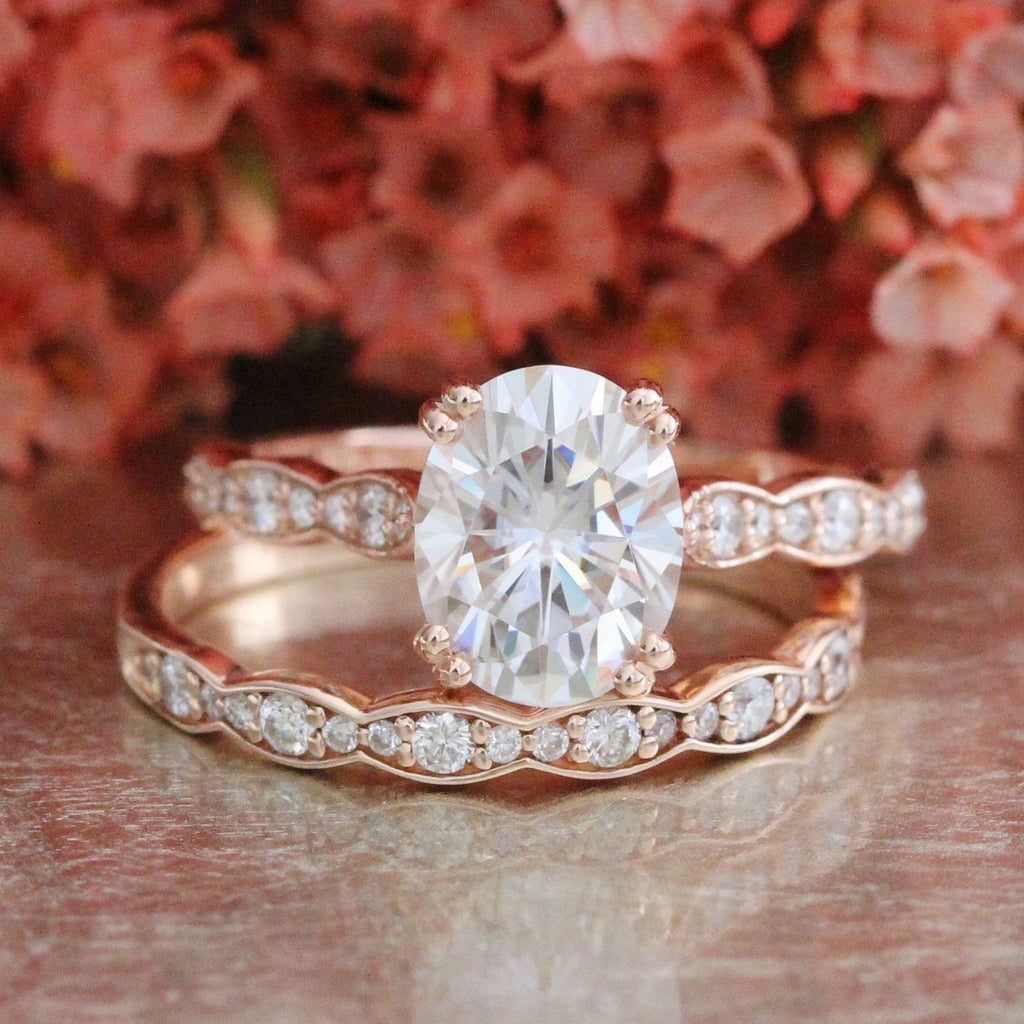 2.0CT Oval Moissanite Vintage Halo Bridal Ring Set