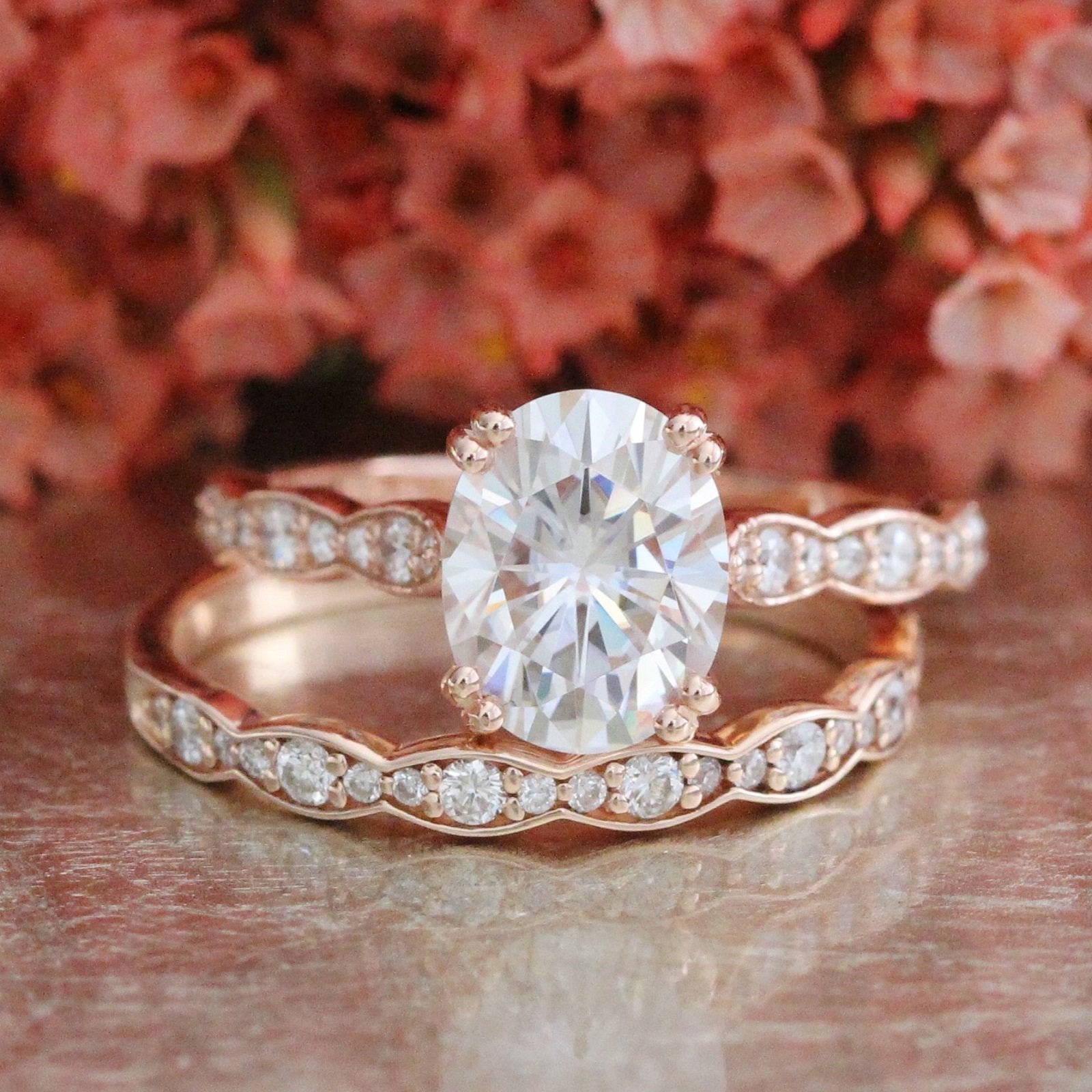 2.0CT Oval Moissanite Vintage Halo Bridal Ring Set