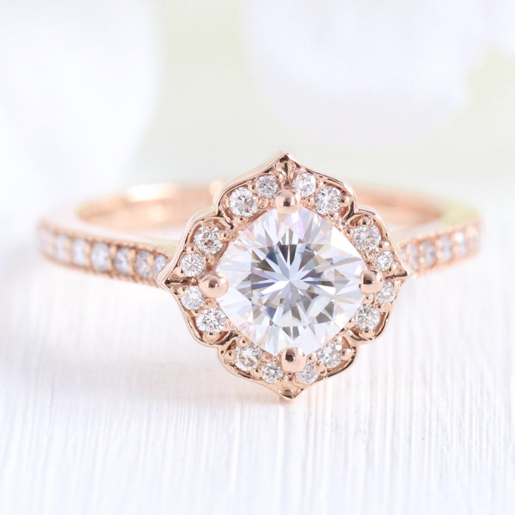 1.0CT Cushion Cut Moissanite Halo Bridal Ring Set