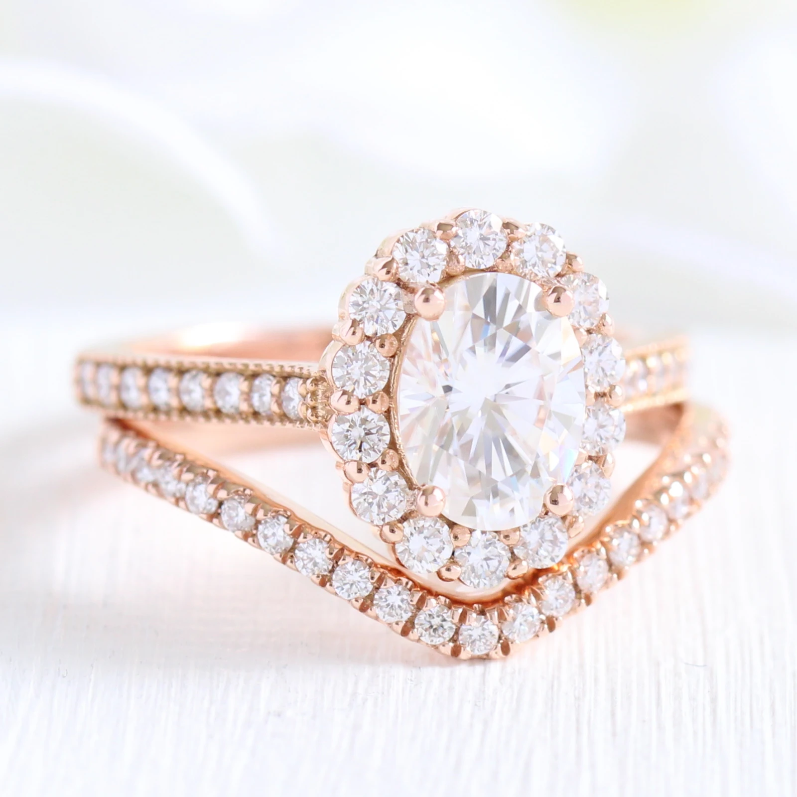 1.50CT Oval Cut Moissanite Halo Bridal Ring Set