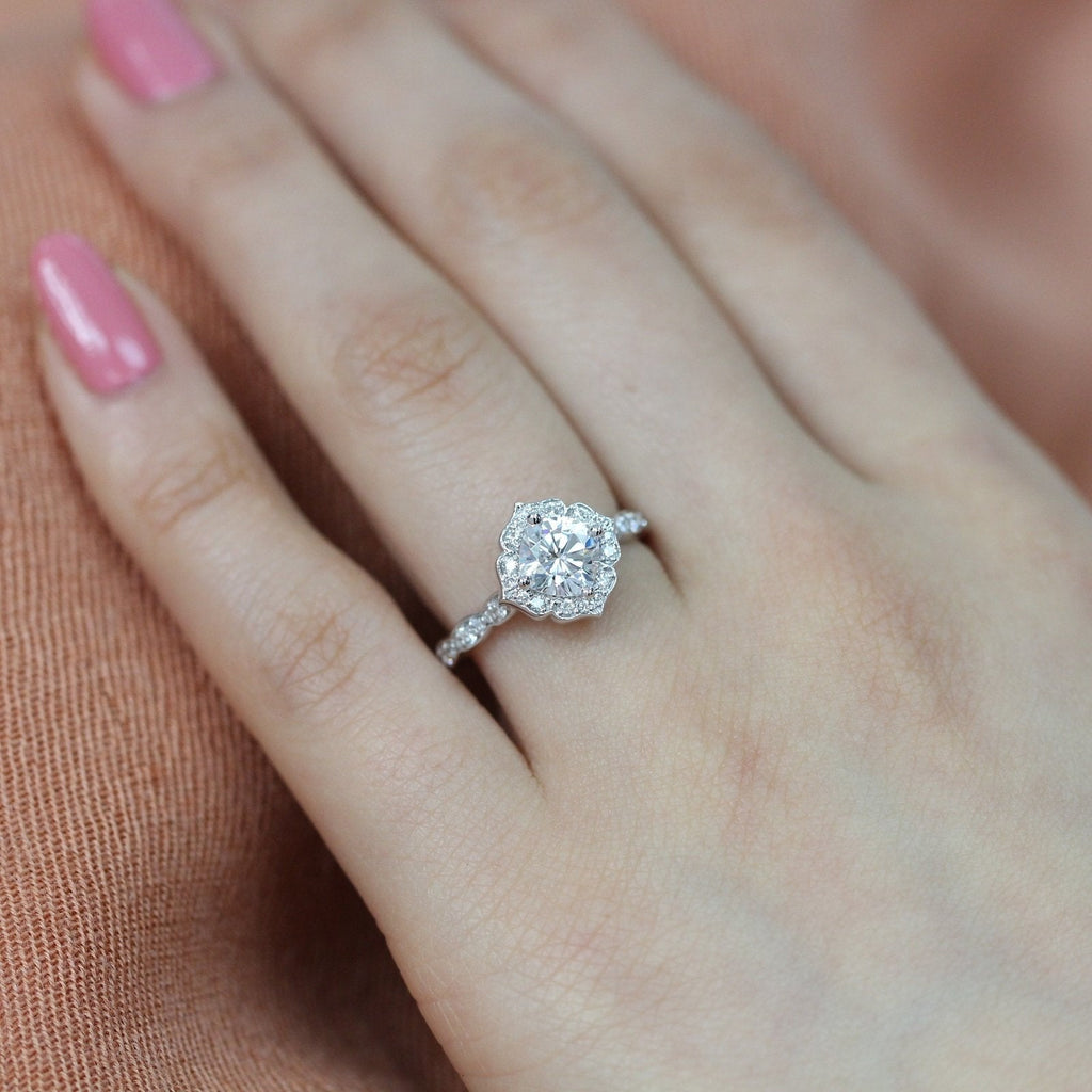 1.0 CT Cushion Cut Vintage Halo Style Moissanite Engagement Ring