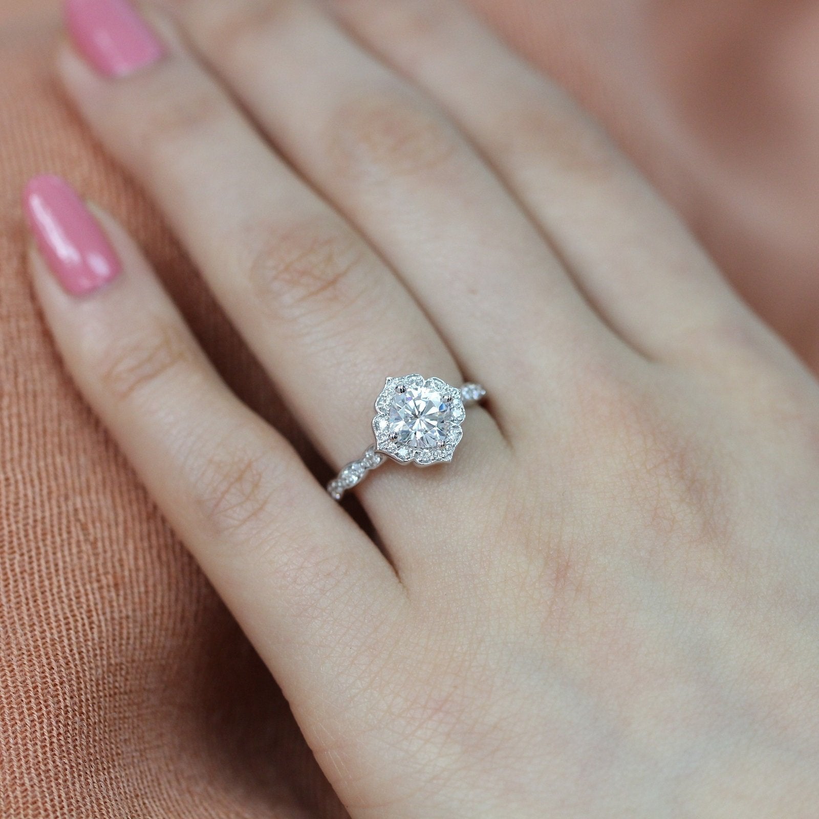 1.0 CT Cushion Cut Vintage Halo Style Moissanite Engagement Ring