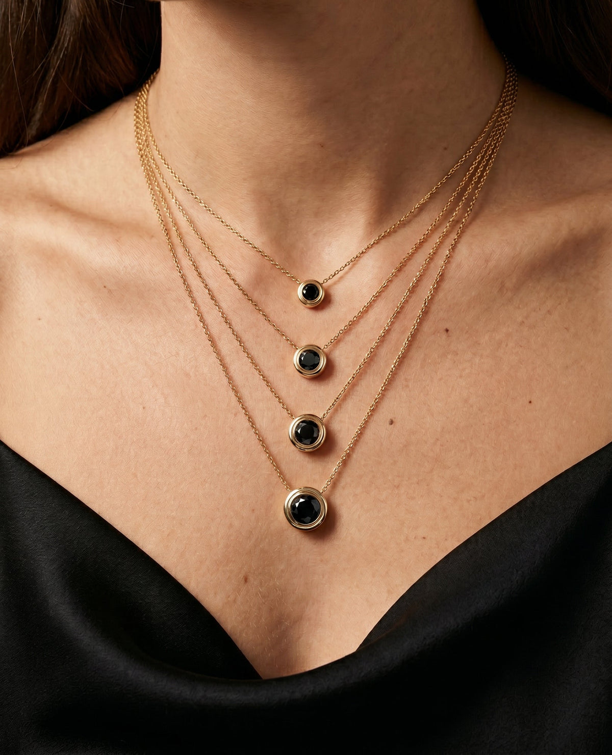 LODE Solitaire Bezel Set Floating Round Cut Black Diamond Pendant Necklace