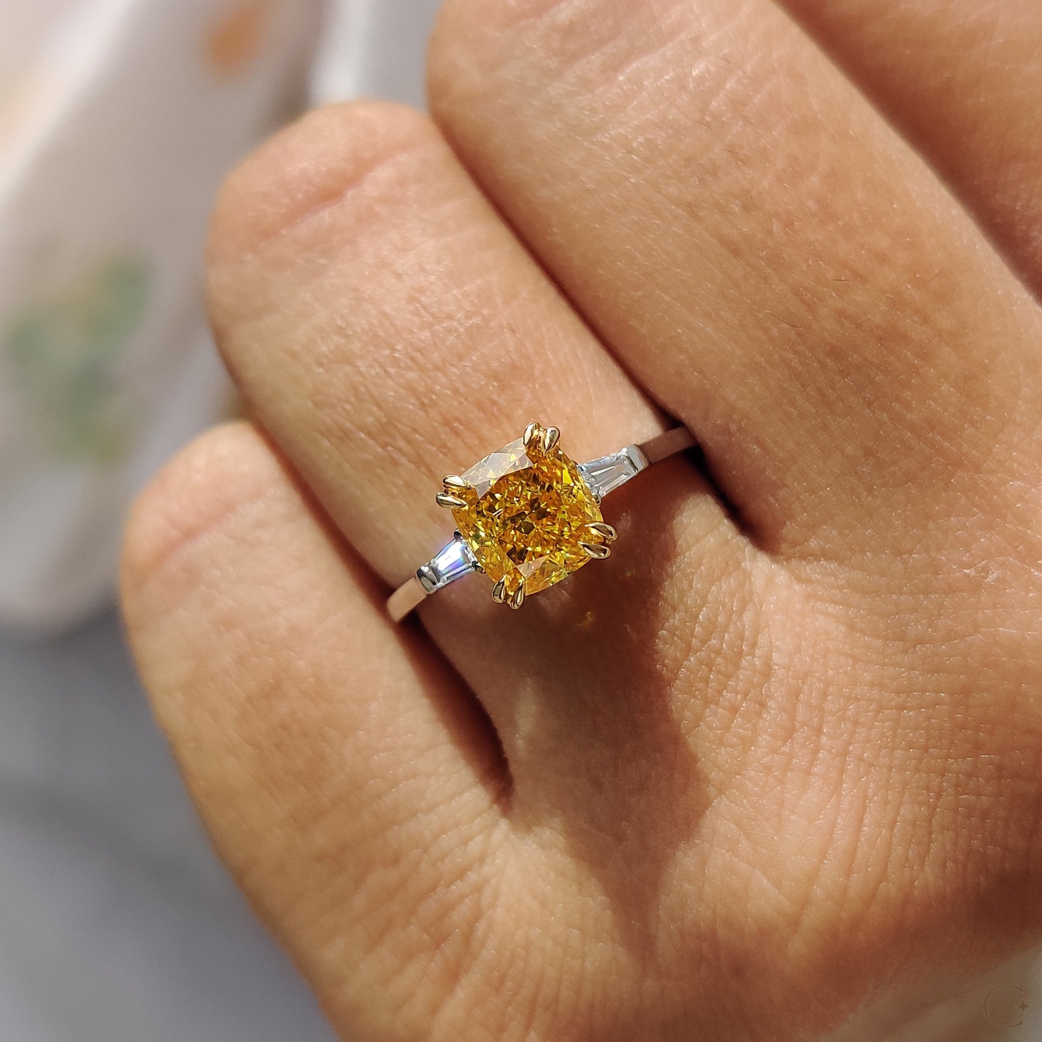 3 Stone Diamond Engagement Ring With Cushion & Baguette