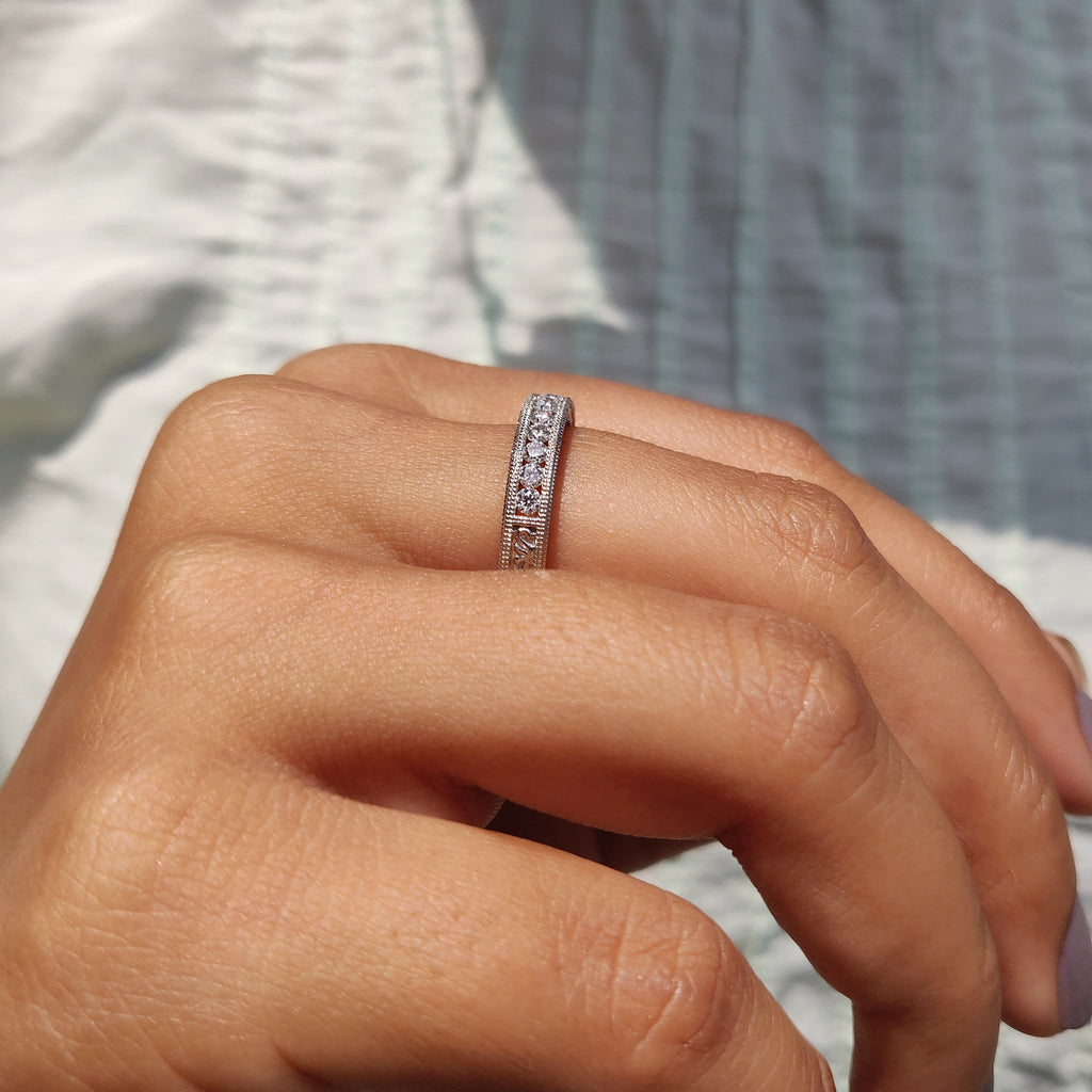 Art Deco Wedding Ring With Round Cut Milgrain Setting