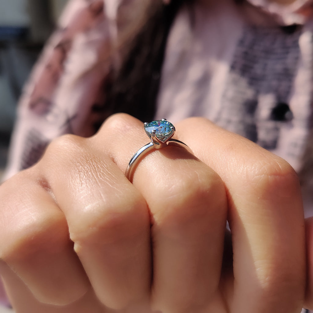 Moissanite Solitaire Ring In Cyan Blue Stone