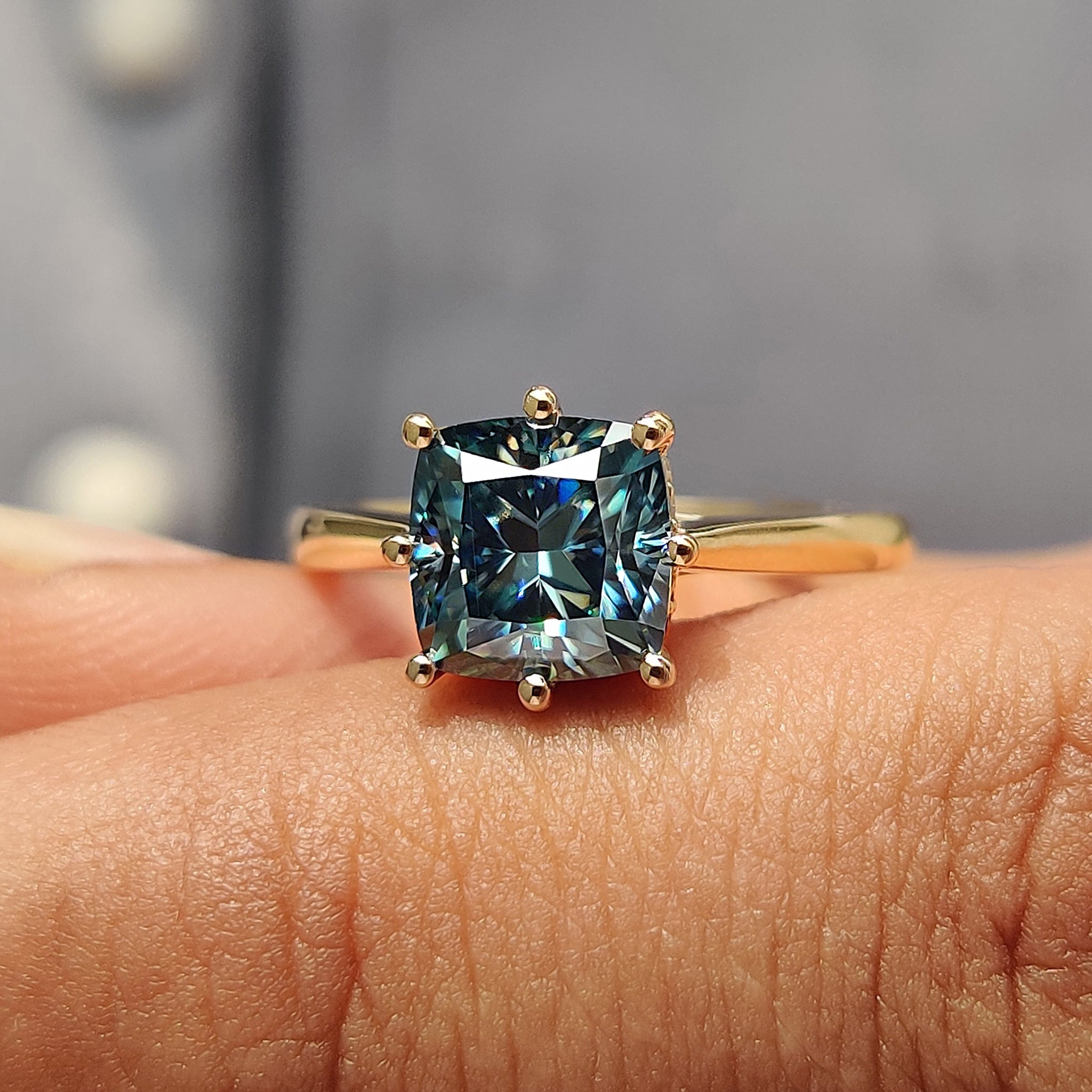 Cushion Cut Engagement Ring with hidden halo setting