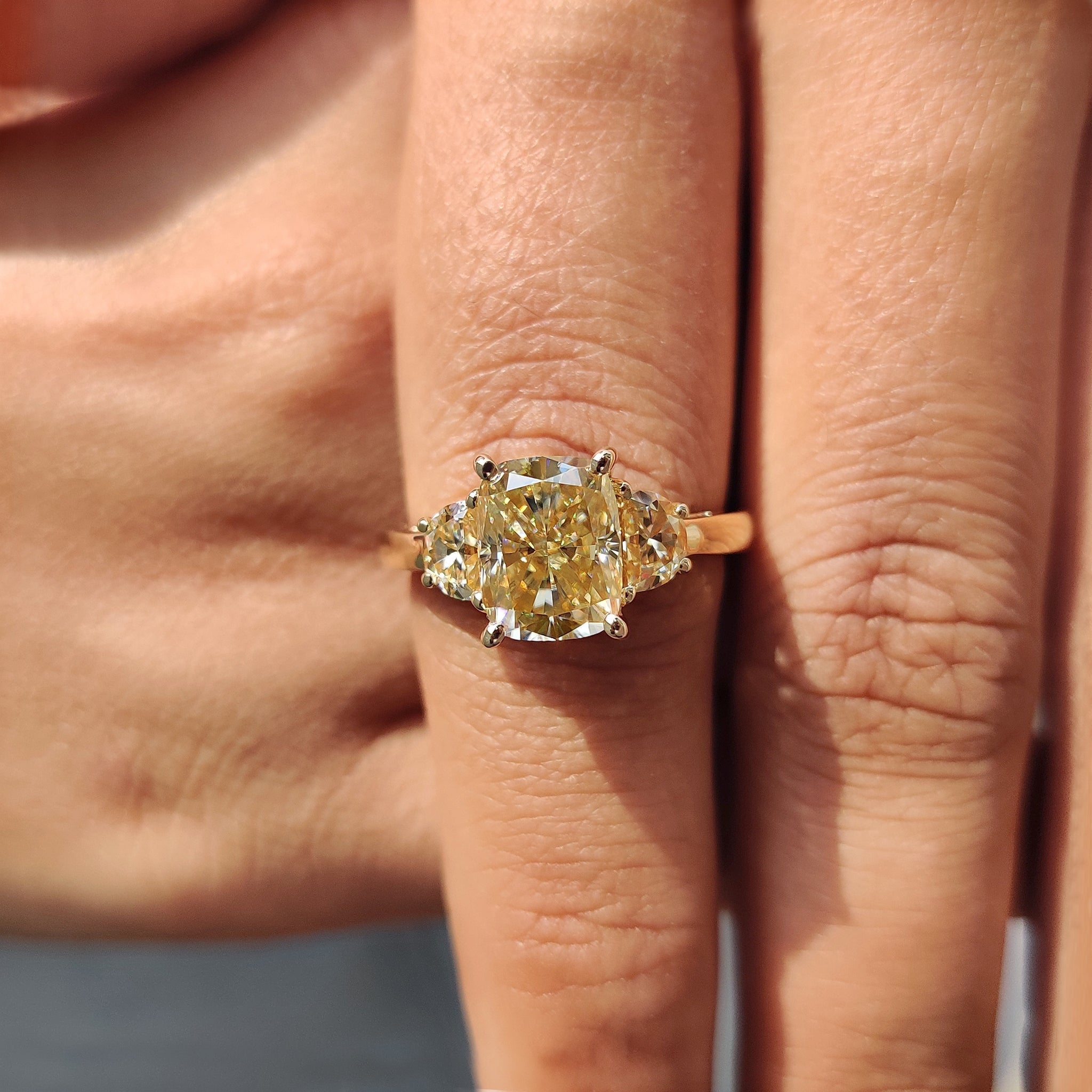 Light Yellow Cushion Cut Moissanite Engagement Ring