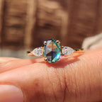 Cyan Blue Oval Rose Cut Ring with 2 Pear Side Stone