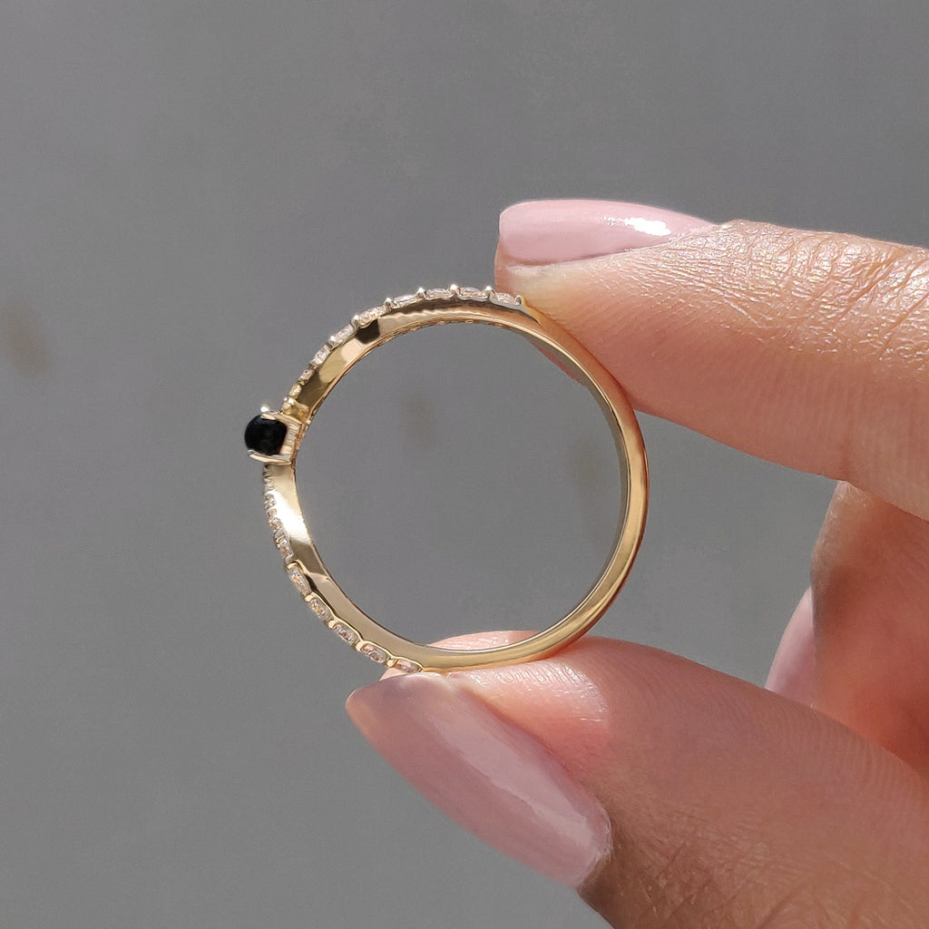 V Shaped Wedding Band With Black Stone