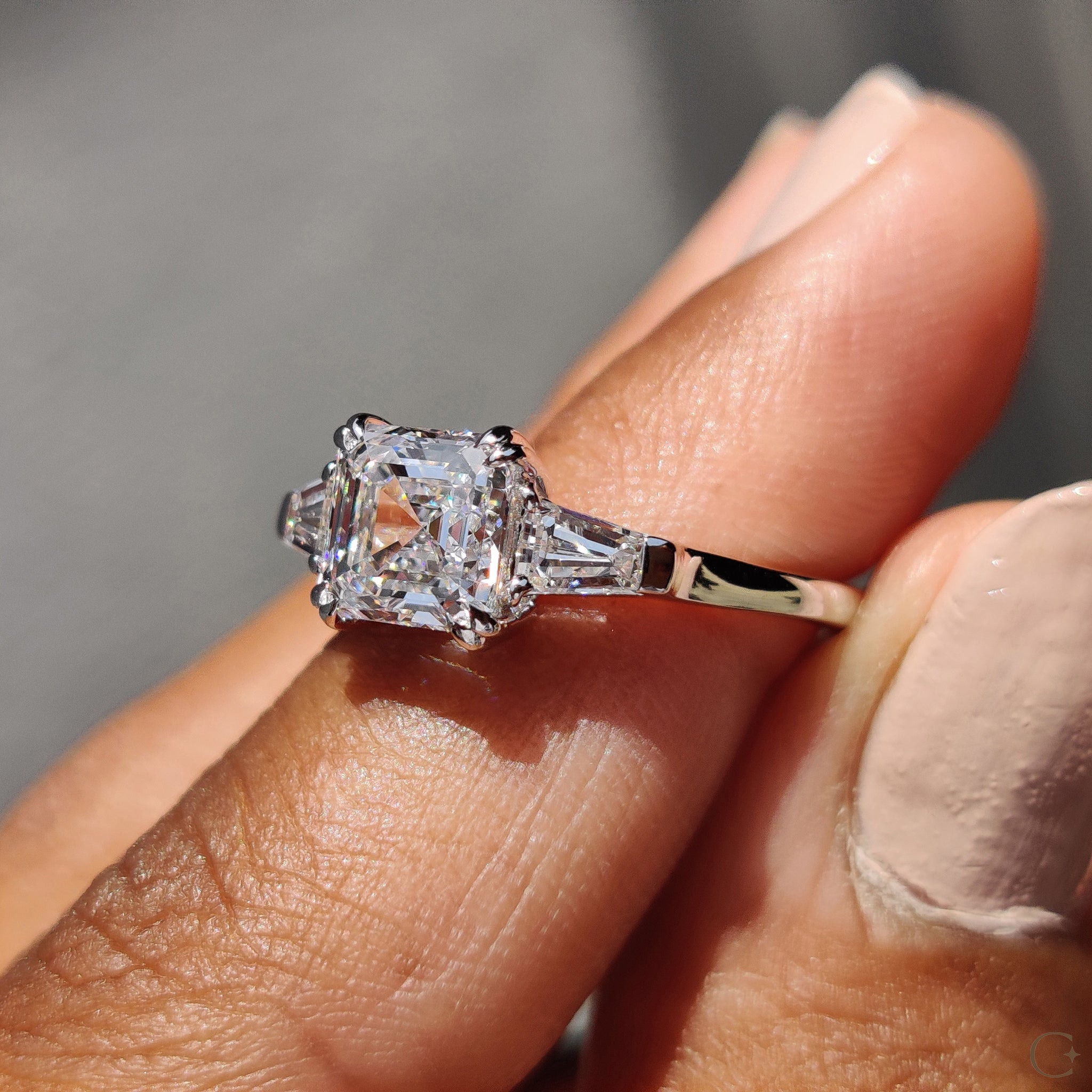 3 Stone Diamond Engagement Ring With Asscher and Baguette