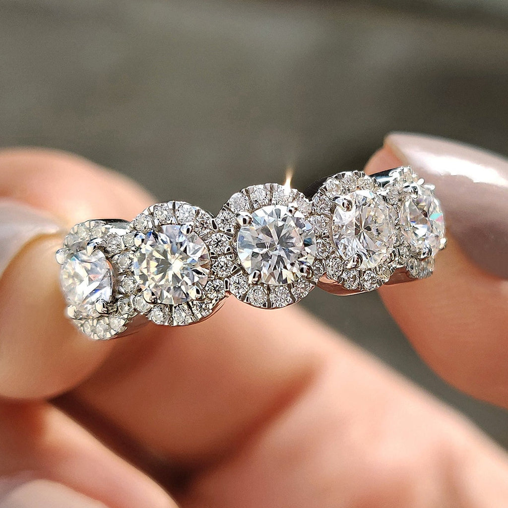 5 Stone Halo Wedding Band